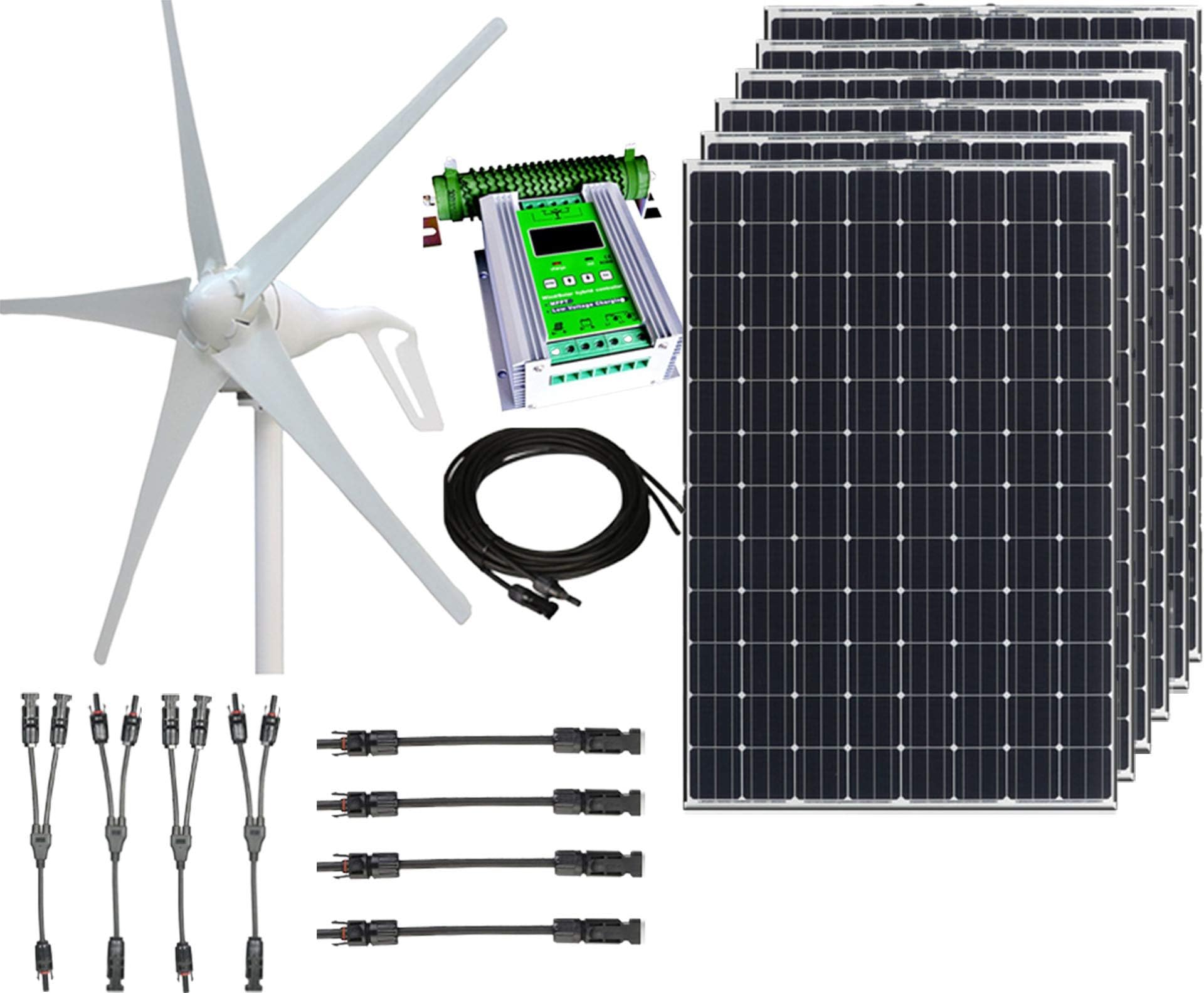1000W 24V Hybrid Wind Solar Power DIY Off-Grid Kit - 400W Wind Turbine + 6x100W 12V Mono Solar Panels + 50A Hybrid MPPT Controller + Solar Panel MC4 Cabling