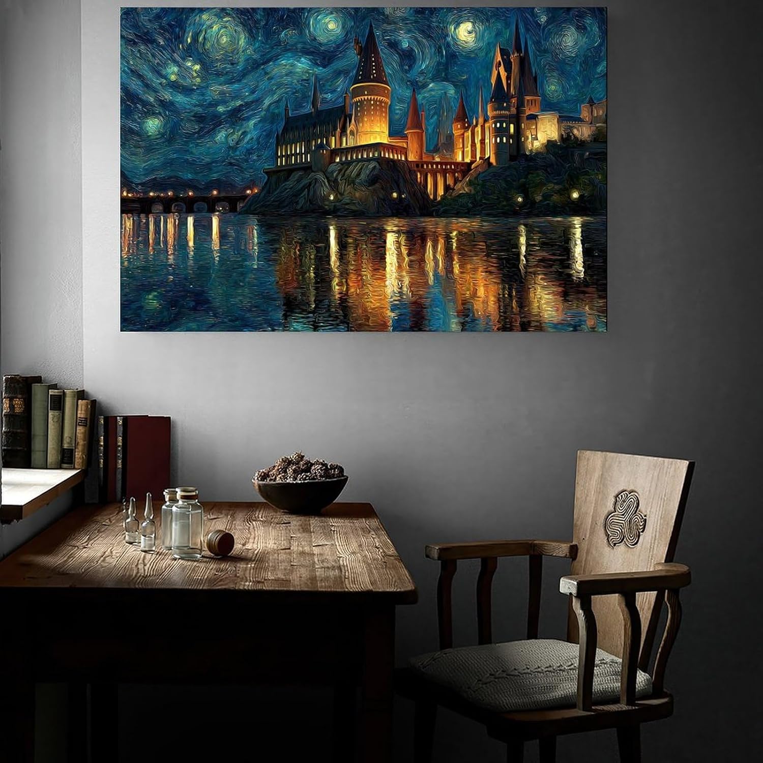 UZWGG 1pcs Framed Wall Art Van Gogh Starry Sky Elements Theme Prints Poster Castle Canvas Painting Living Room Bedroom Hotel Dining Room Wall Decor Wrapped Canvas 16x24inch(40x60cm)