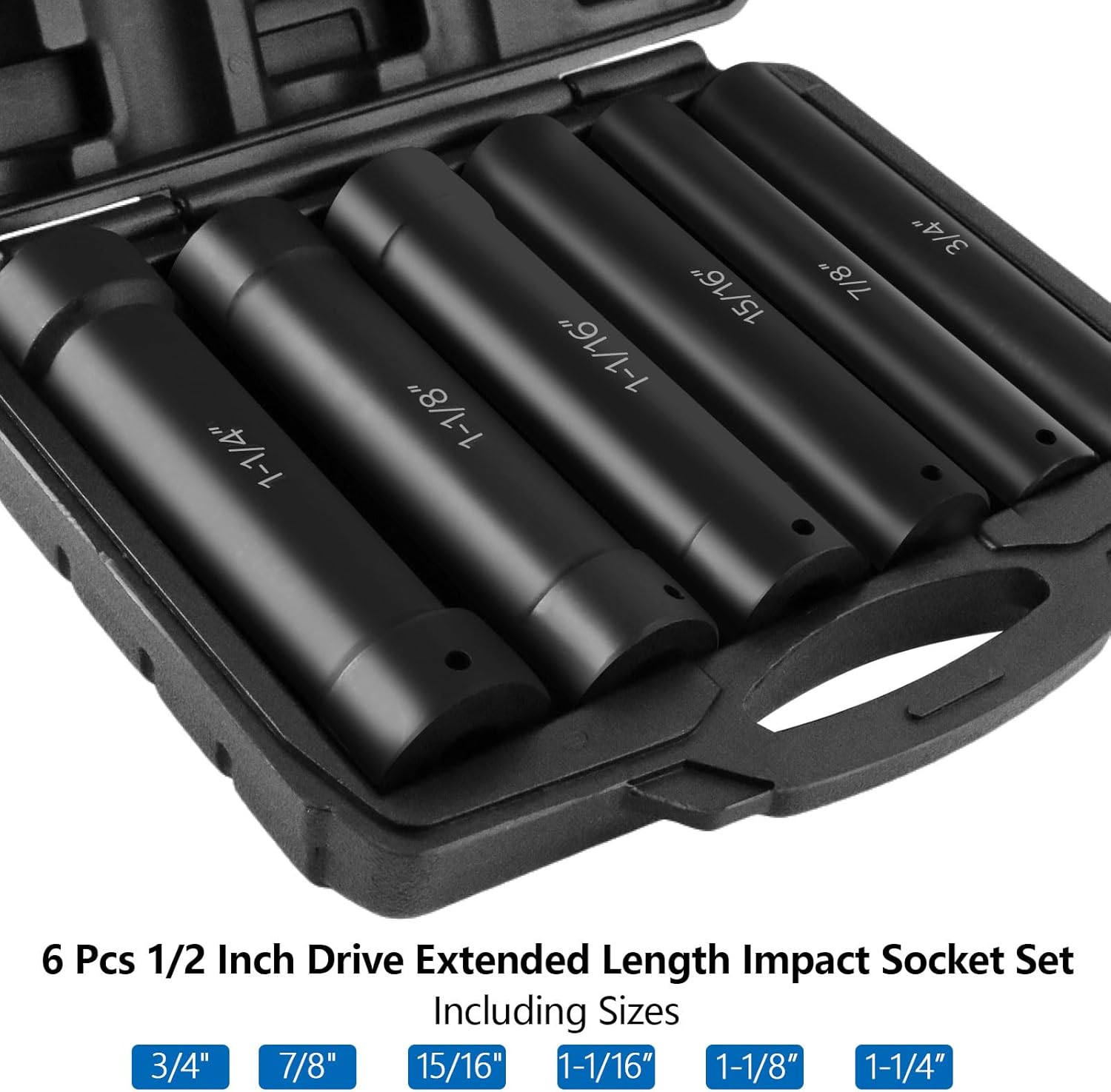 1/2 Inch Drive Extended Length Impact Socket Set - Ryansunoro 1/2 Impact Socket Set with 6 Sizes 3/4", 7/8", 15/16", 1-1/16”, 1-1/8", 1-1/4" Extra Deep Socket Set Kit, Mechanical Equipment Maintenance