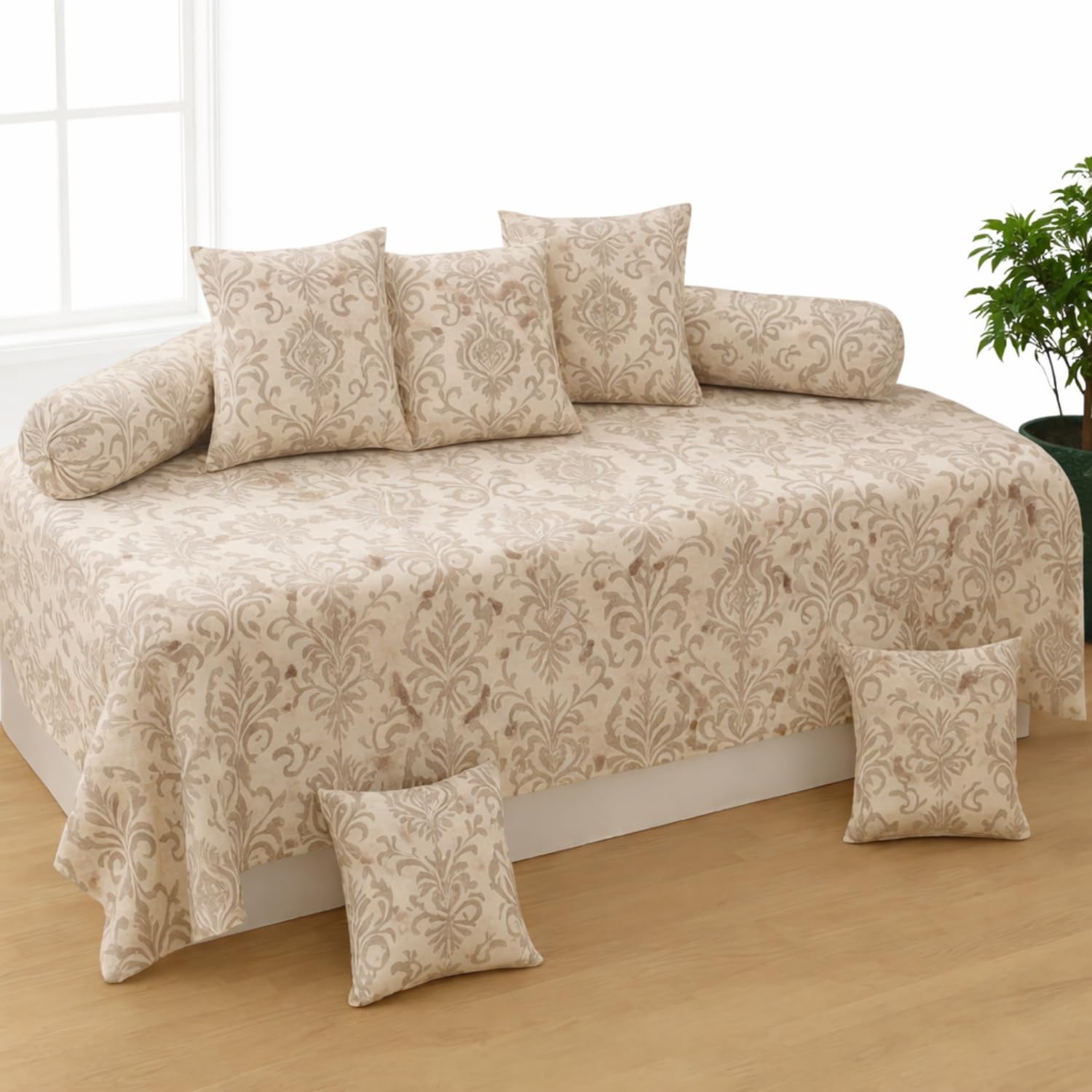 Diwan Set with Single Bedsheet, 5 Cushion Covers and 2 Bolster Covers (Biege Damask)-picture-14