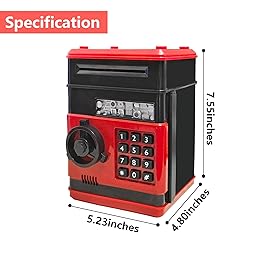 Suliper Electronic Piggy Bank Code Lock for Kids Baby Toy, Mini ATM Safe Coin Cash Banks Real Money Saving Box with Password, Auto Money Scroll for Children,Boys Girls Birthday Gift (Red)