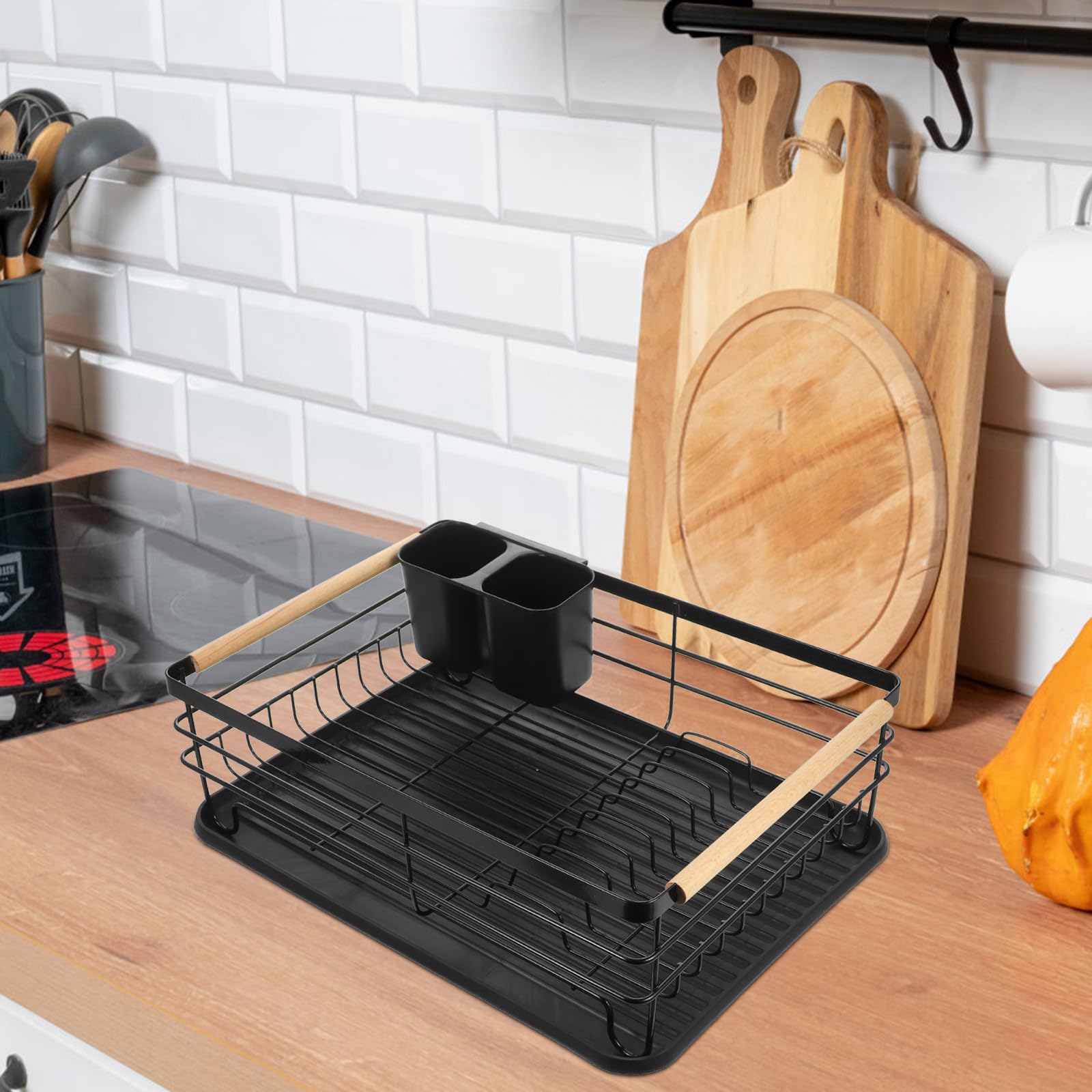Escurridor Gran Capacidad y Bandeja de Drenaje Extraíble Organizador Multifuncional de Platos de Hierro Negro para Encimera de Cocina para Platos y Cubiertos