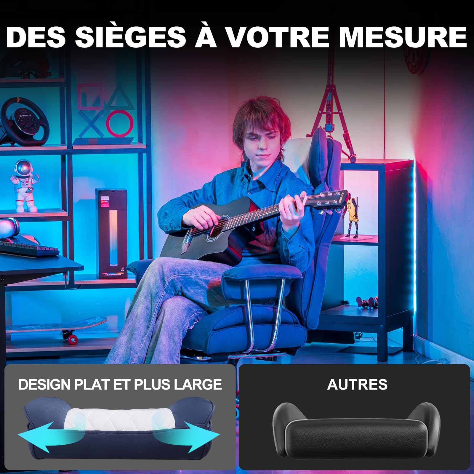 GTPLAYER Chaise Gaming, Chaise Gamer, siège Large accoudoirs, Repose-Pieds, Hauteur réglable, Supporte 150 kg, Bleu-Blanc