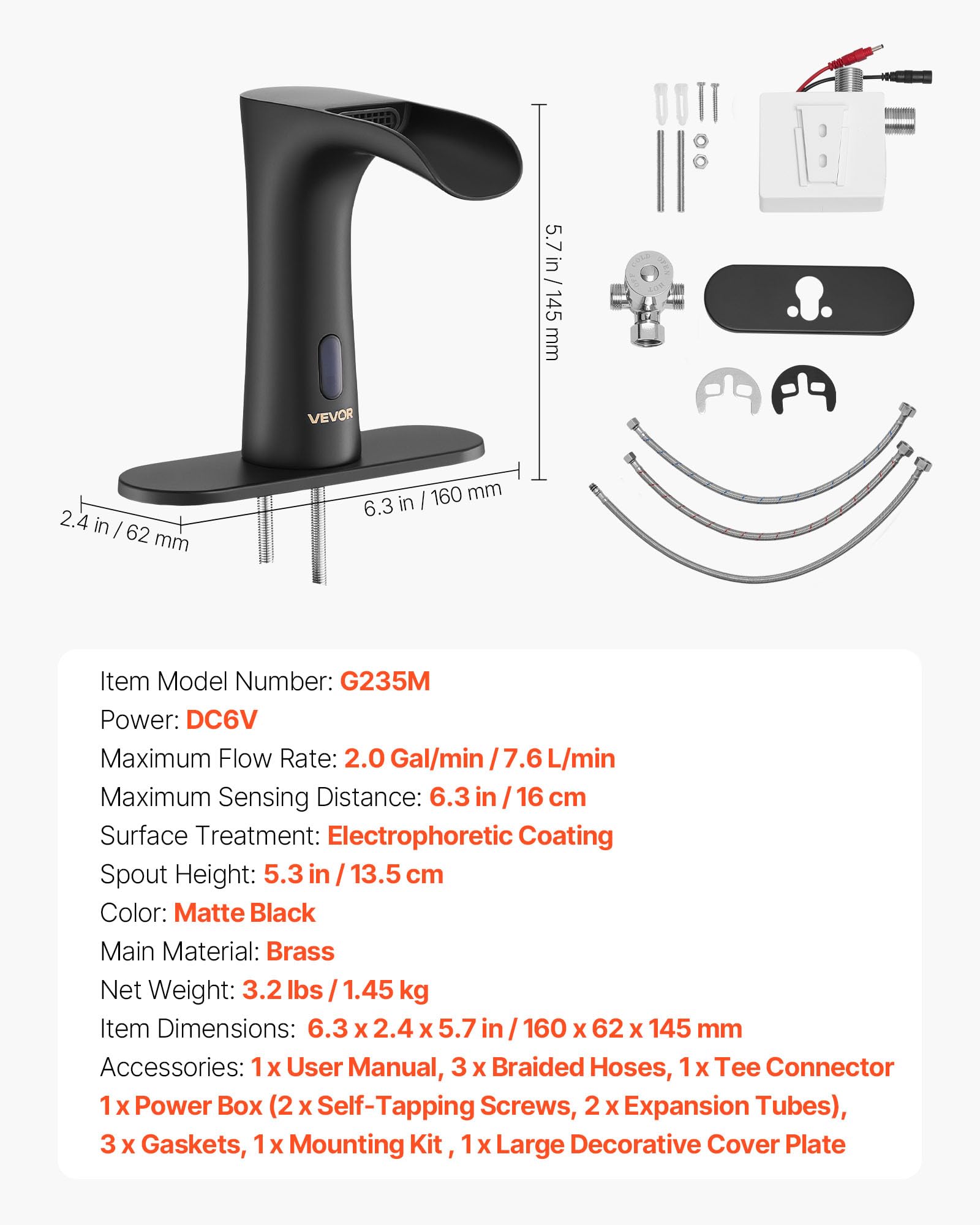 VEVOR Grifo de Lavabo Automático sin Contacto para Baño, Latón, con Sensor y Tapa, Grifo a Pilas, Cascada Semi-Cerrada, Recubrimiento Electroforético, 7,6 L/min, Negro Mate, 160 x 62 x 145 mm