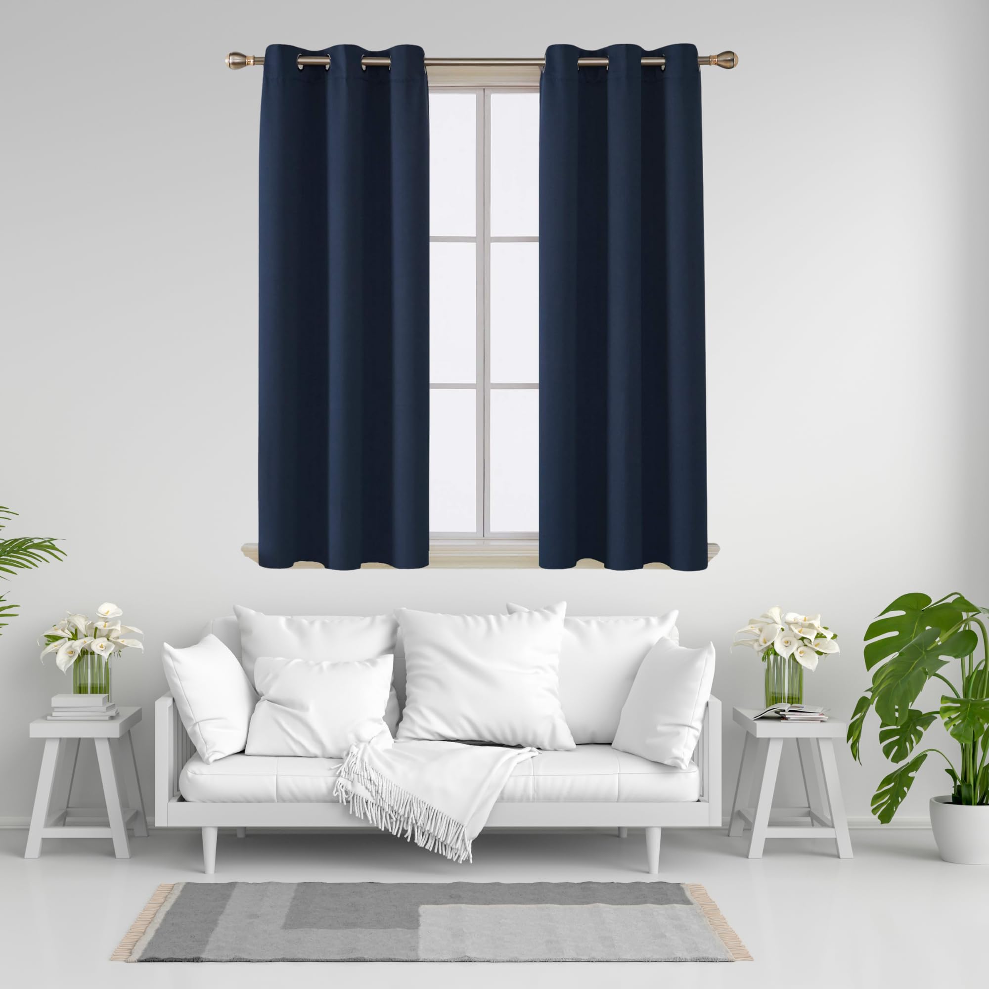 J.Din Blackout Curtains for Bedroom/Living Room, Black out super soft Thermal Insulated curtains & drapes, Ring Top Eyelet Curtain for window, 2 Panels with Tie backs (Navy Blue, 90" Wide x 90" Drop)