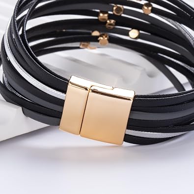 FANCY SHINY Beaded Leather Wrap Bracelets Cute Boho Stackable Bangle Cuff with Magnetic Clasp