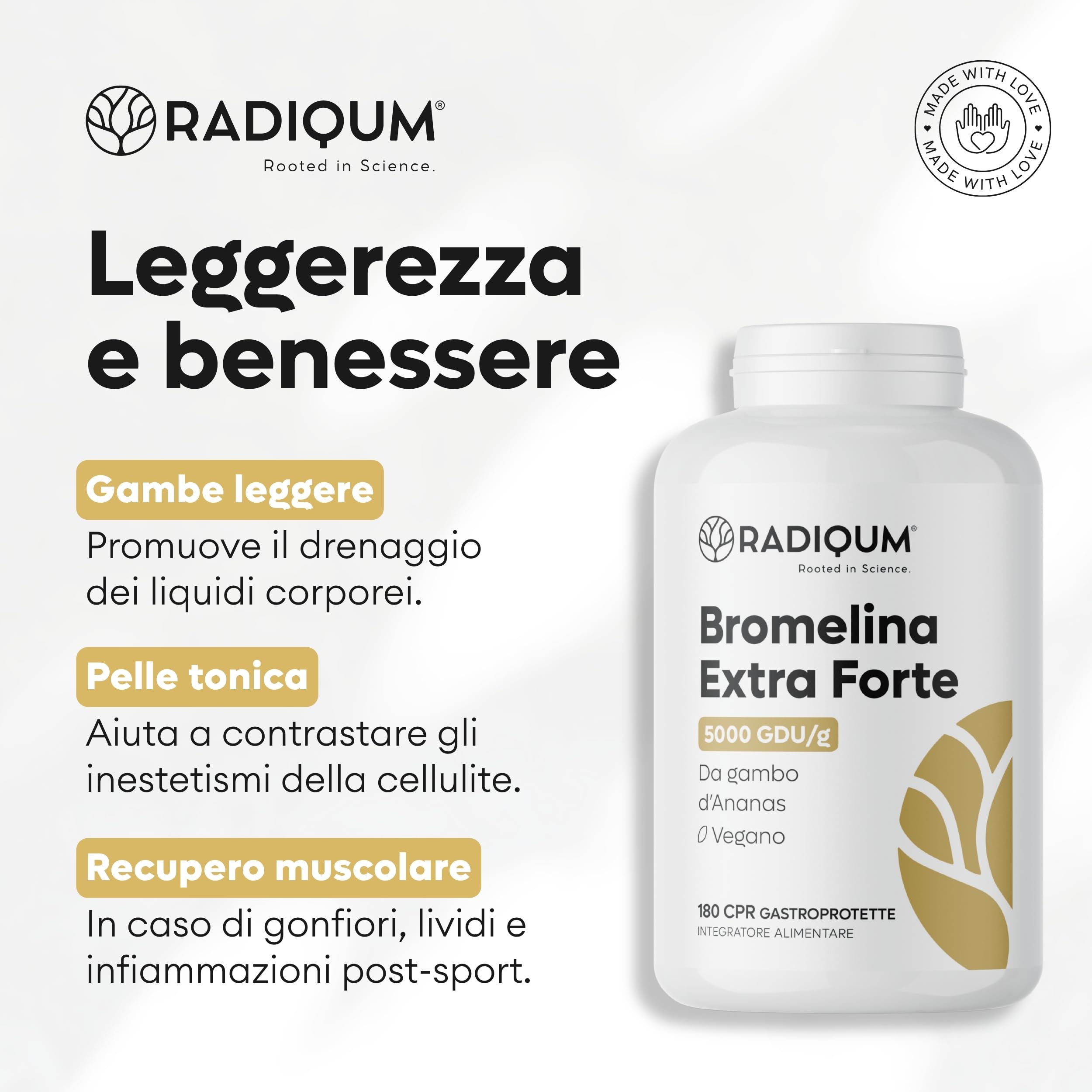 Bromelina Extra Forte Drenante 5000 GDU/g | Integratore Bromelina Forte Drenante | 180 Compresse Gastroprotette | Gambo d’Ananas | Vegan | Made in Italy
