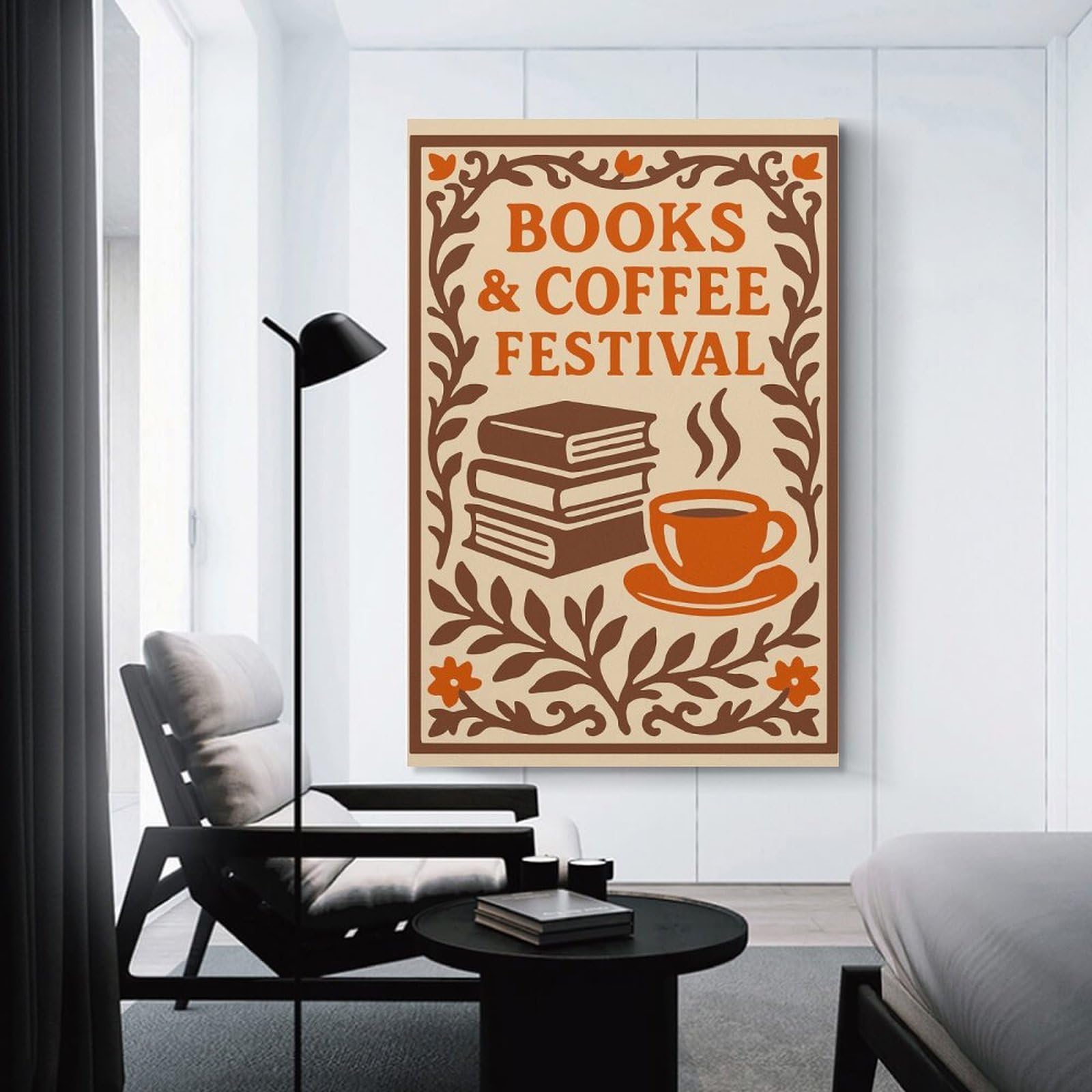 Junmoney Books & Coffee Festival Illustration Canvas Wall Decor, 16x24inch(40x60cm), for New Homes, Bedrooms Or Workspaces, Gift Idea for Housewarming And Birthdays