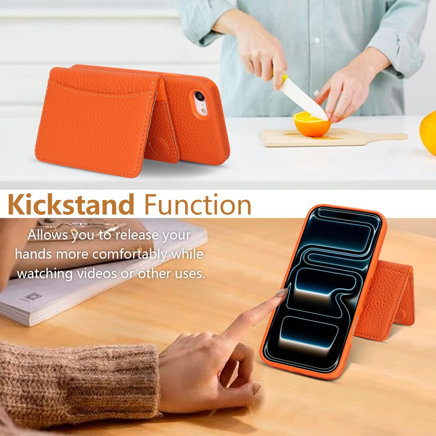 Detachable Wallet Case Compatible with iPhone SE 2020/2022 for iPhone 7/8 Genuine Leather Case 2in1 Removable Cover Support Magsafe Charging Magnetic Stand Function Card Holder-Orange
