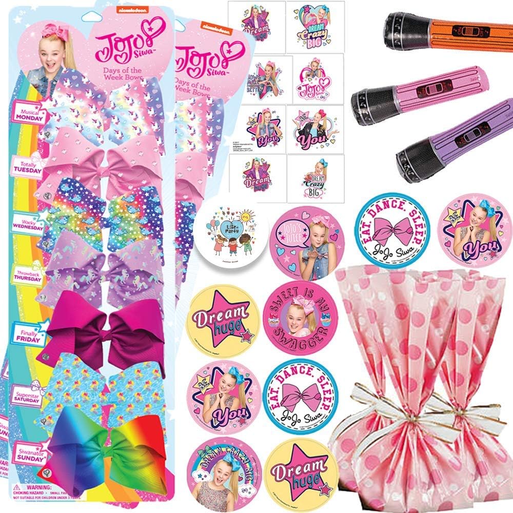 Deluxe Jojo Siwa Birthday Party Favors and Goodie Bag Fillers Pack For 12 With Jojo Siwa Hair Bows, Tattoos, Stickers, Microphones, Pink Favor Bags, and Pin