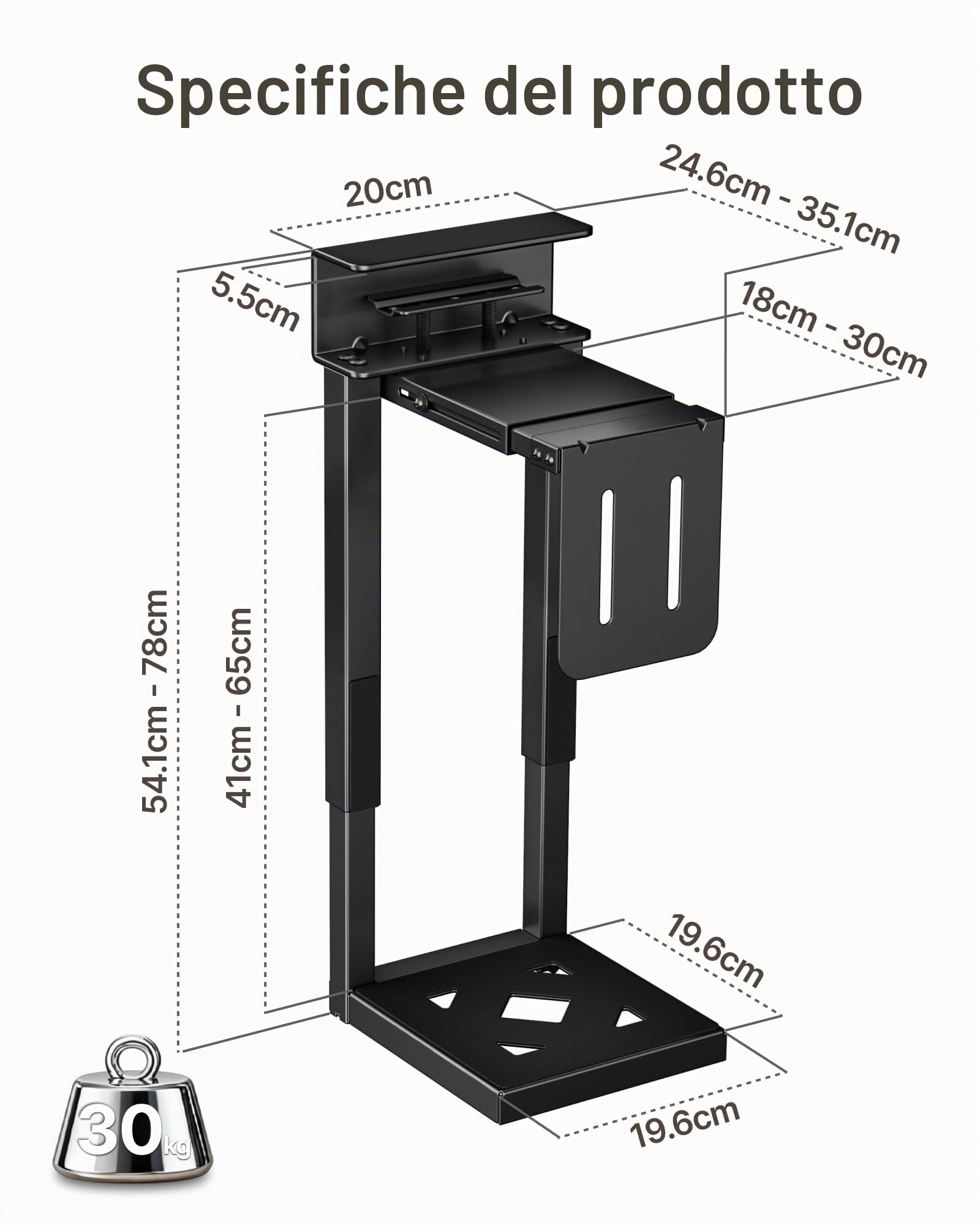 monTEK Supporto per PC da 30 kg, resistente sotto scrivania, montato senza foratura, supporto per PC regolabile con cuscinetti protettivi, altezza 16,1"-25,6", ideale per ufficio, casa, aula, nero