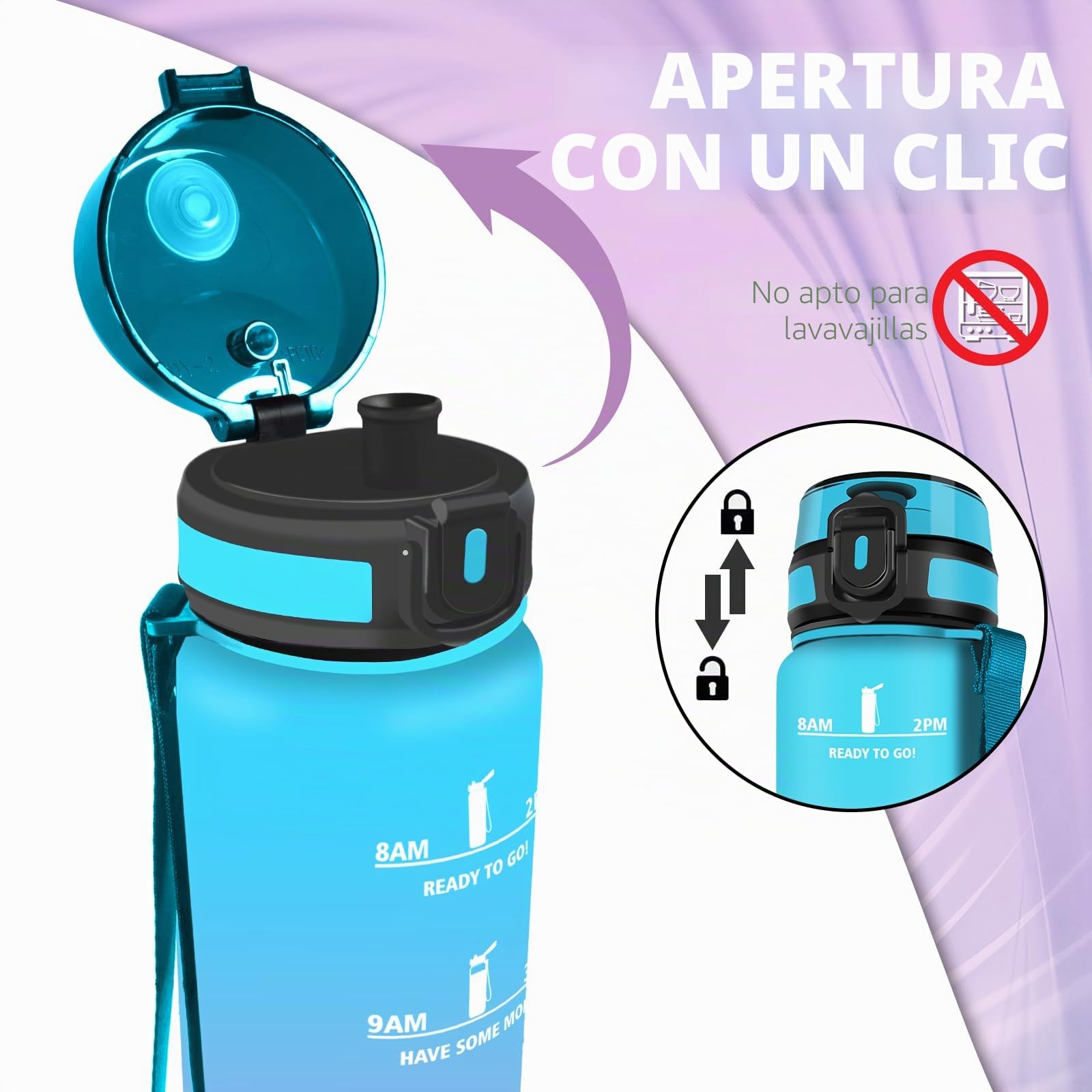 Botella Agua, Botella Agua 1 Litro con Filtro, Cantimplora Infantil Reutilizable con Marca de Tiempo, Cantimplora con Eslogan Motivacional, Fácil de Limpiar, para la Escuela, Deportes, Camping, Gym