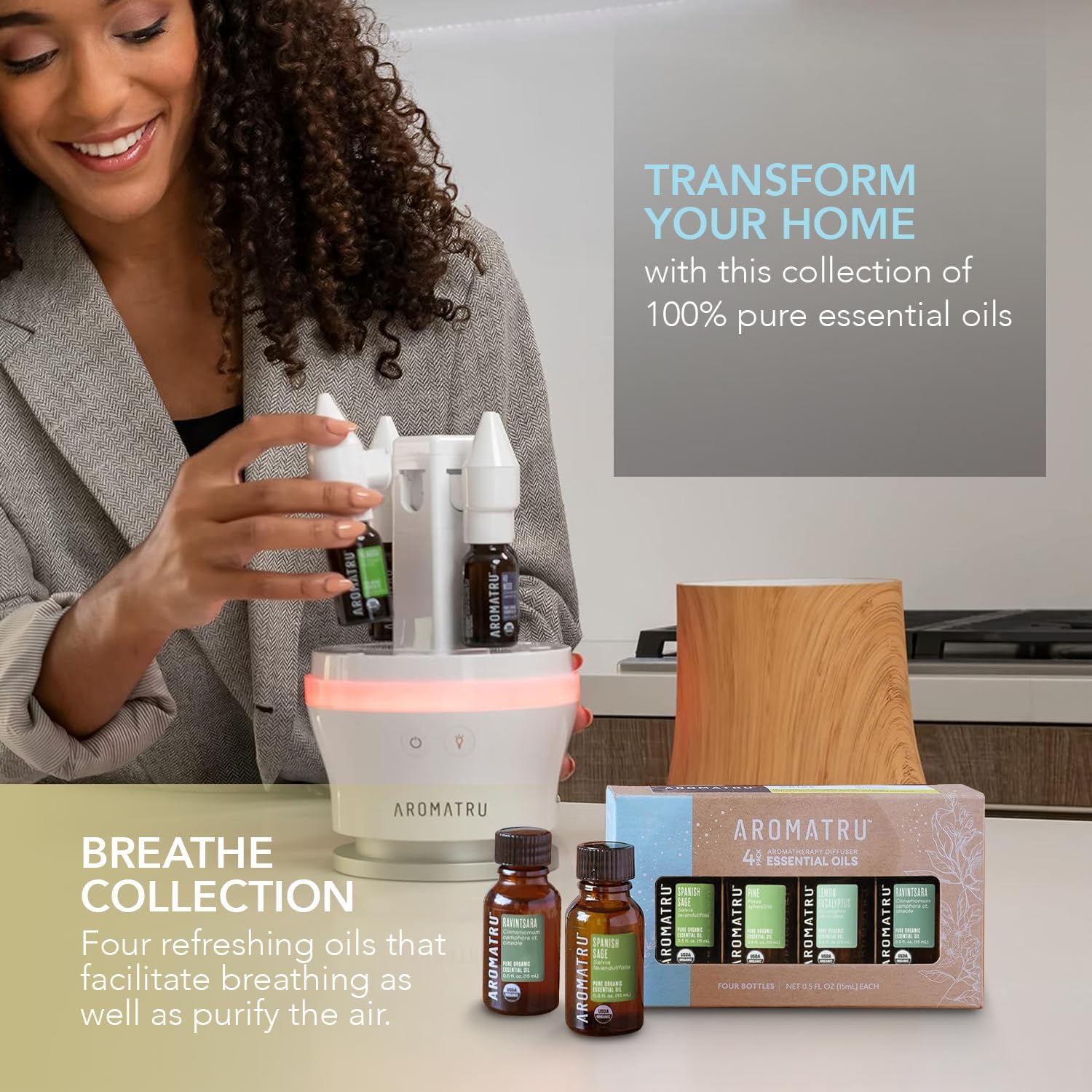 AromaTru Breathe Essential Oil Kit – Spanish Sage, Pine, Lemon Eucalyptus, and Ravintsara – Organic & Wildcrafted – ISO Certified – No Synthetic Fillers – Ethically Sourced