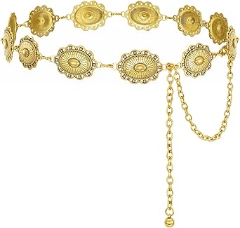 XZQTIVE Women Boho Chain Belts For Dresses Jeans Western Cowgirl Waist Links Belt Adjustable Metal Concho Belt