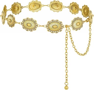 XZQTIVE Women Boho Chain Belts For Dresses Jeans Western Cowgirl Waist Links Belt Adjustable Metal Concho Belt