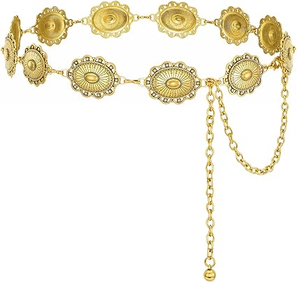 XZQTIVE Women Boho Chain Belts For Dresses Jeans Western Cowgirl Waist Links Belt Adjustable Metal Concho Belt