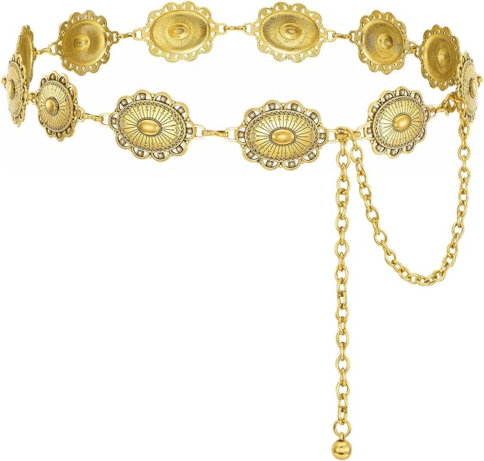 XZQTIVE Women Boho Chain Belts For Dresses Jeans Western Cowgirl Waist Links Belt Adjustable Metal Concho Belt