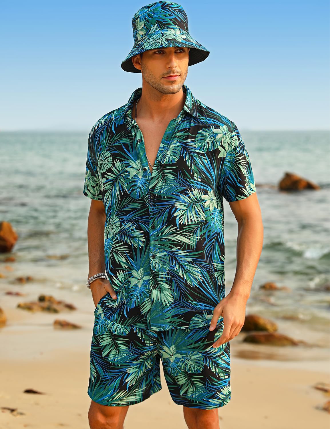 EISHOPEER Men's Flower Hawaiian Sets Casual Short Sleeve Shirt and Shorts Suits Outfits with Bucket Hats - Image 2