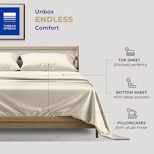 Miniatura 3 de THREAD SPREAD Juego de sábanas de 400 hilos de 100% algodón puro, juego de 4 piezas tamaño California King, sábanas refrescantes tamaño California
