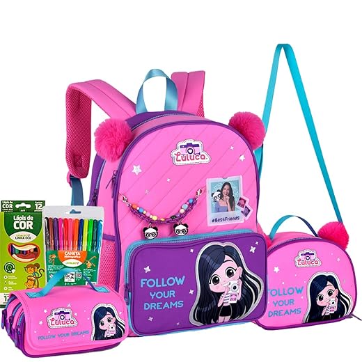 Kit Mochila Costas Luluca Pandinha Lancheira Térmica e Estojo triplo 2026 Rosa e roxo Youtuber