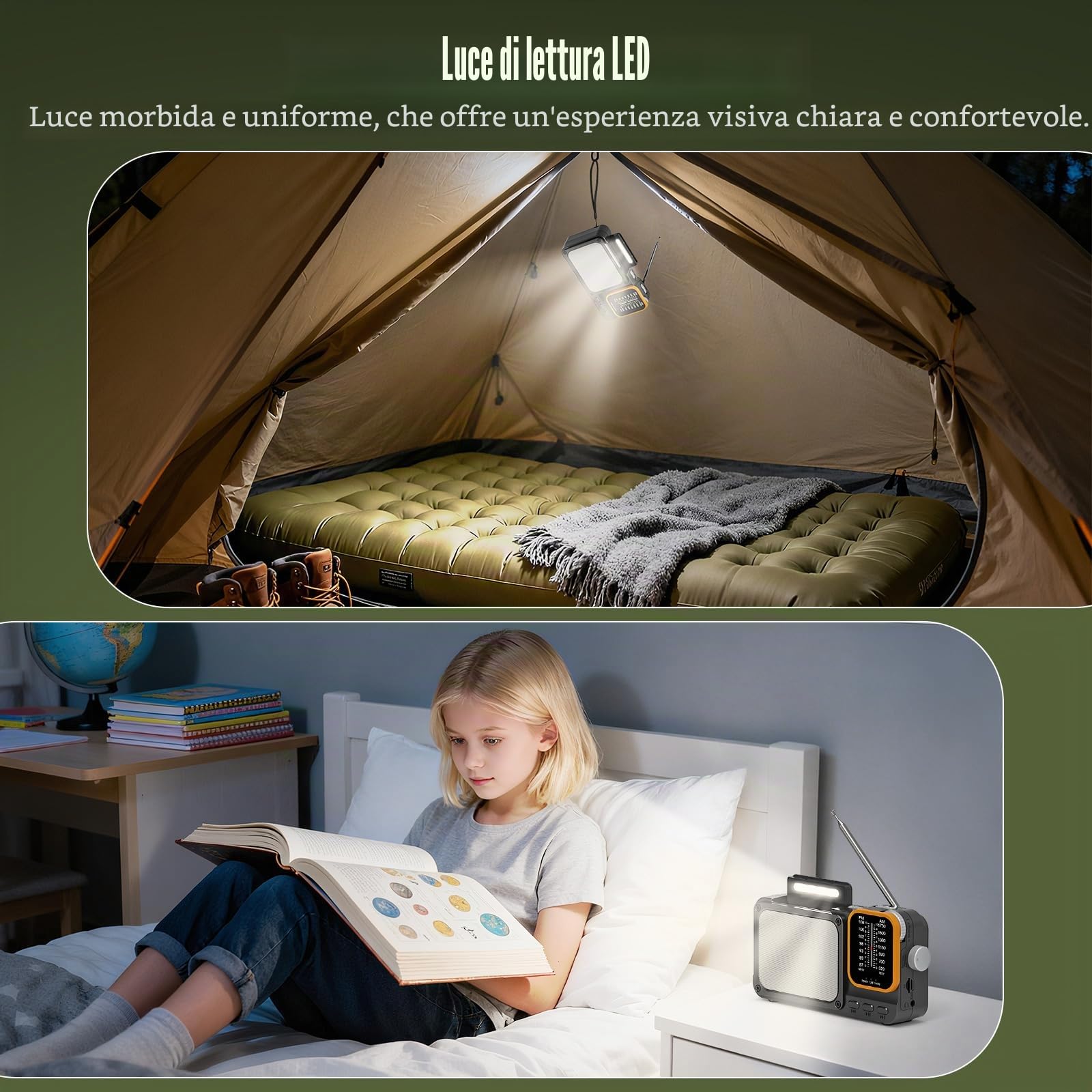 Tendak Radio Portatile FM/AM Ricaricabile 2400mAh Bluetooth Luce Lettura TF