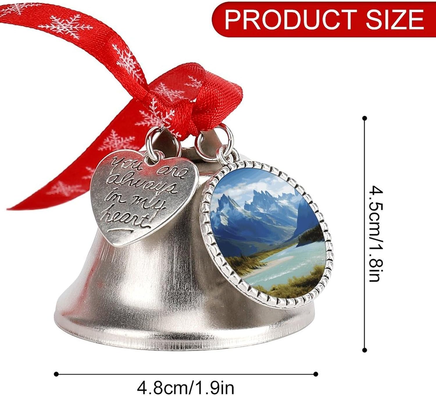 Mountains and Rivers Christmas Bells Ornaments with Wings & Heart Silver Bell Pendant for Christmas Tree Home Door Mantle Fireplace Decoration