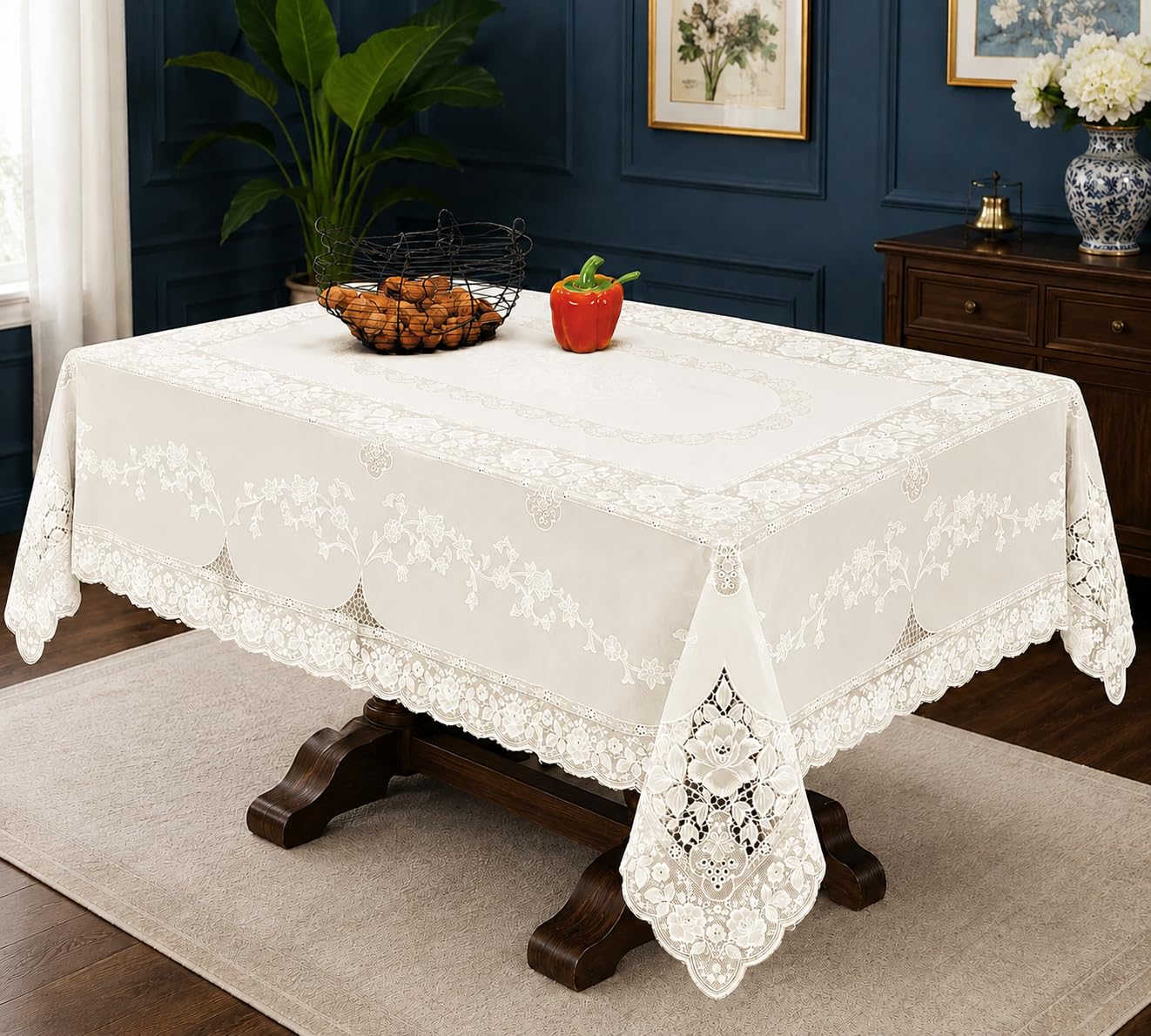 Violet Linen Vinyl Lace Betenburg Design Tablecloth Beige 60" by 104" Oblong/Rectangle