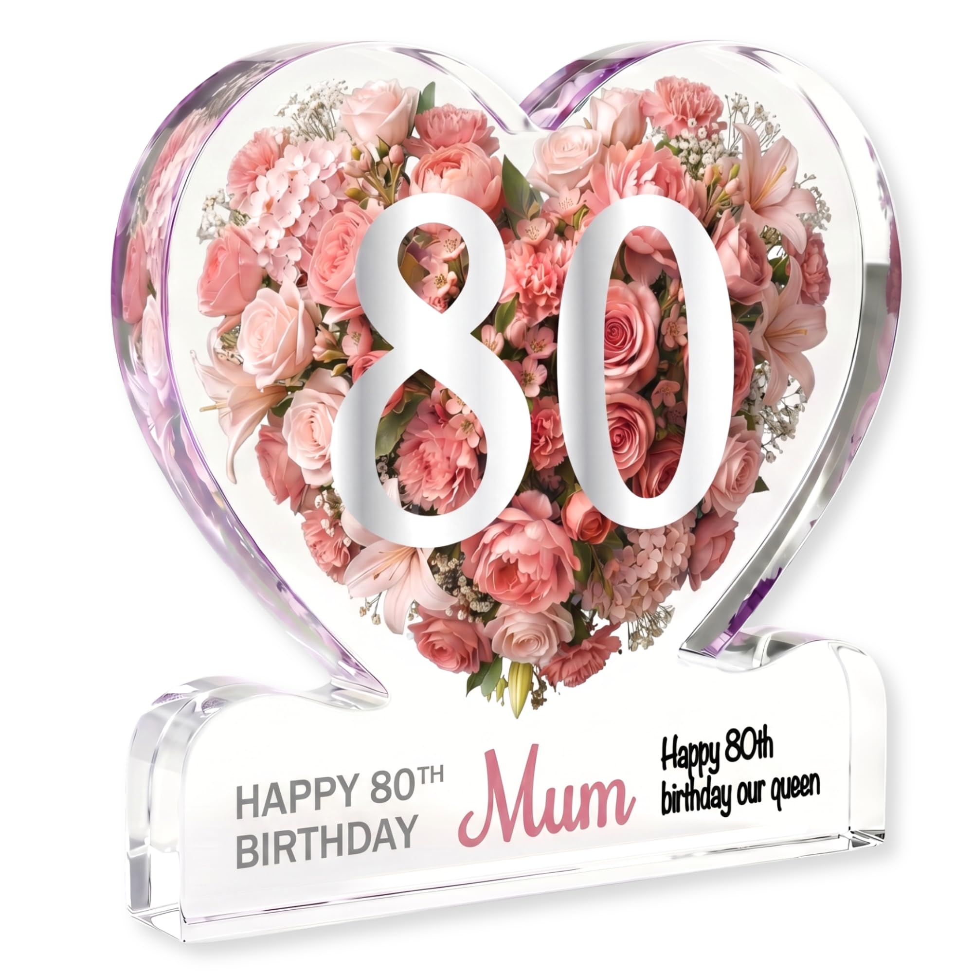 MyKeepsy Personalised 80th Birthday Plaque – Custom Name & Message Heart Acrylic Keepsake, Floral 80 Decoration Gift, 5 Colours (Blush Pink)