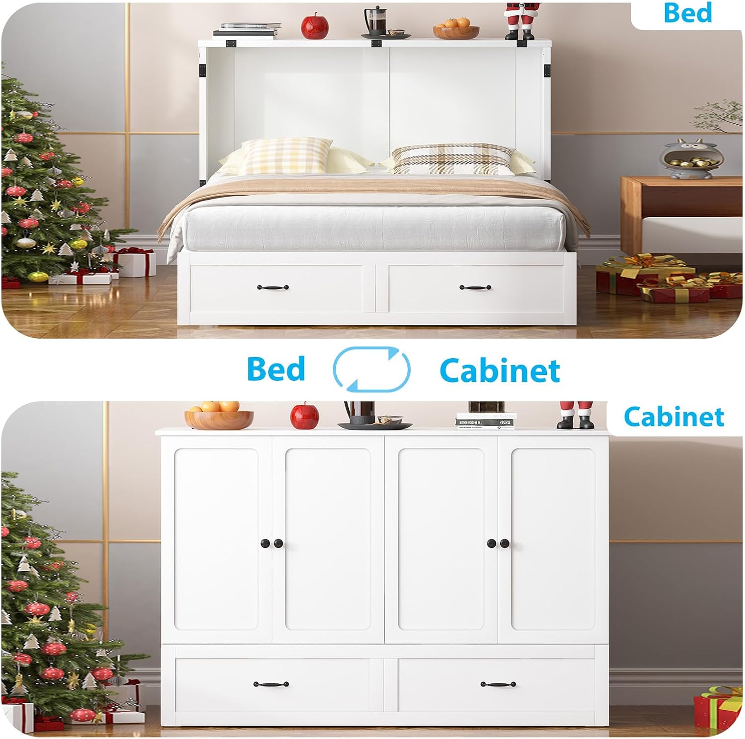 Mjkone Queen Murphy Bed with USB Charging Station, Queen Size Murphy Cabinet Beds with Storage Drawer, Foldable Pull Out Chest Bed for Bedroom Apartment Guest Room Studio, White