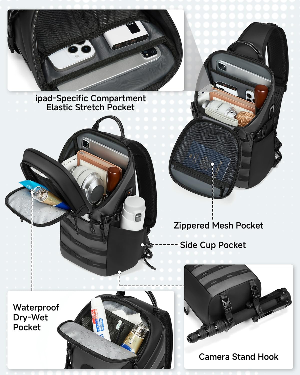 Somago Sling Backpack with USB Charging Port Water-Resistant Tactical Backpack Crossbody Chest Bag with Anti-theft Pocket