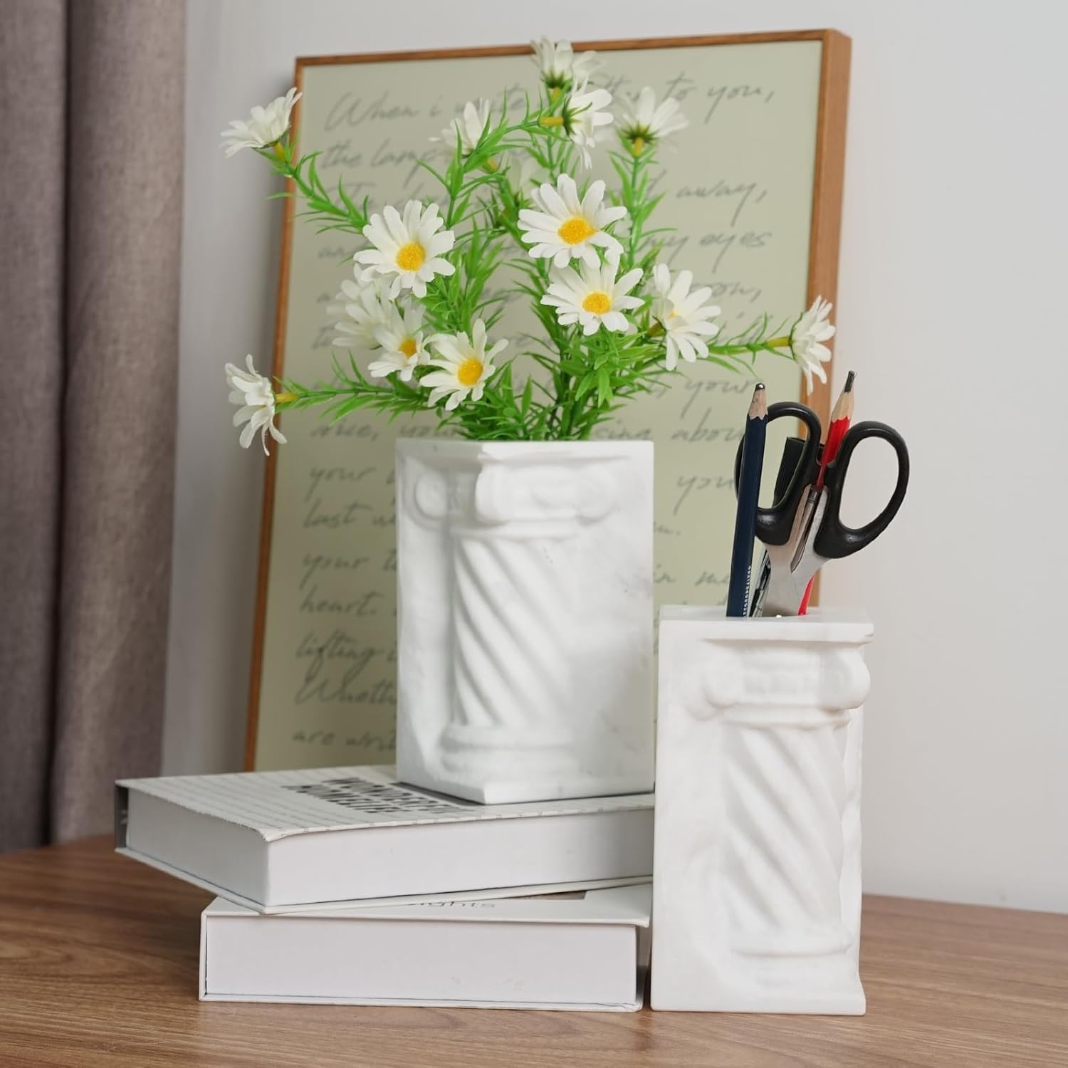 Decorative Roman Column Book Ends & Vase - Heavy Duty Marble Book Ends for Heavy Books, Vintage Home Office Decor, Dual Use as Flower Vase, Natural Stone Bookends for Shelves (2PC, White)