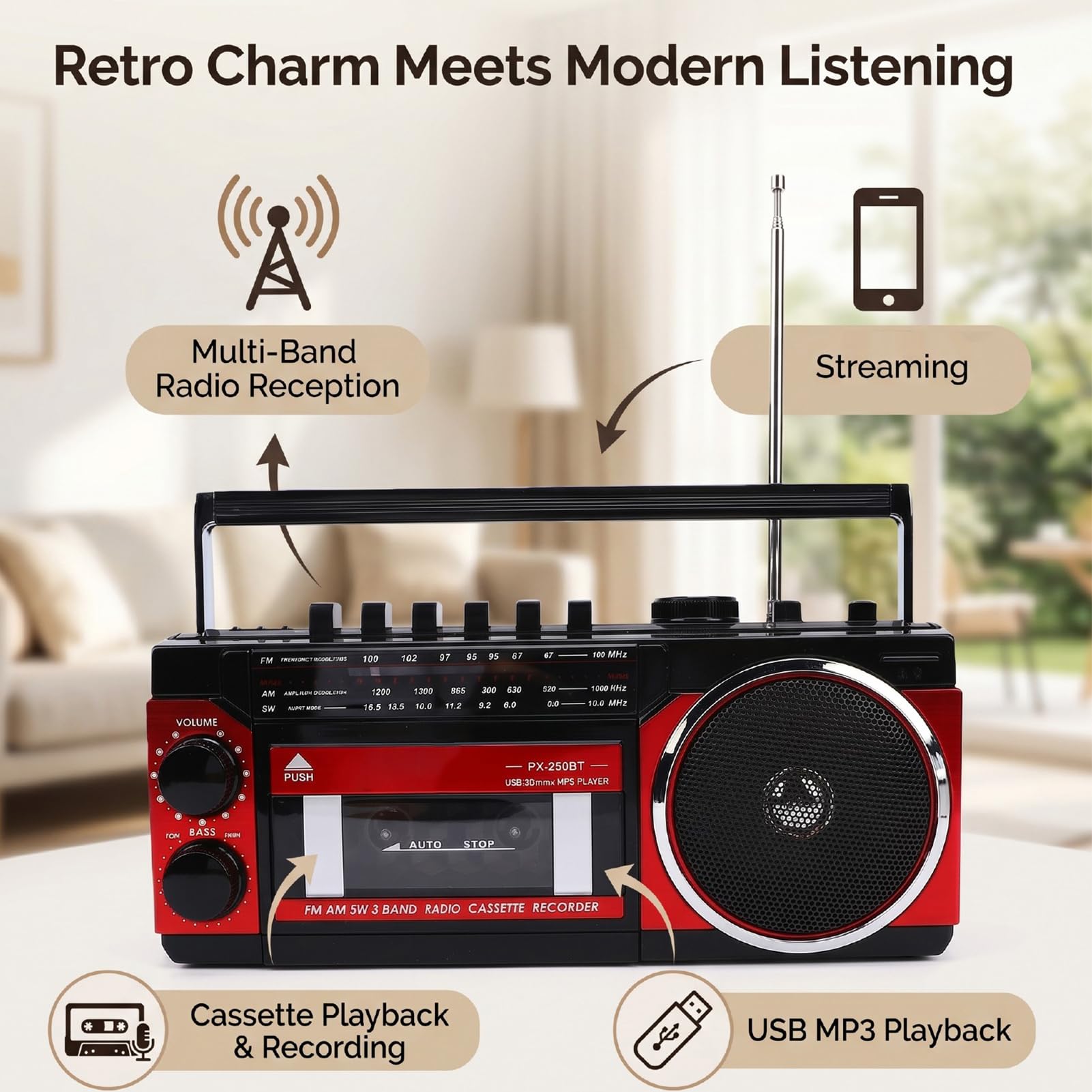 Przenośny Odtwarzacz Kasetowy z technologią Bluetooth (wtyczka UE) | Odtwarzanie USB, radio FM, wbudowany głośnik, gniazdo słuchawkowe, do użytku w pomieszczeniach i na zewnątrz