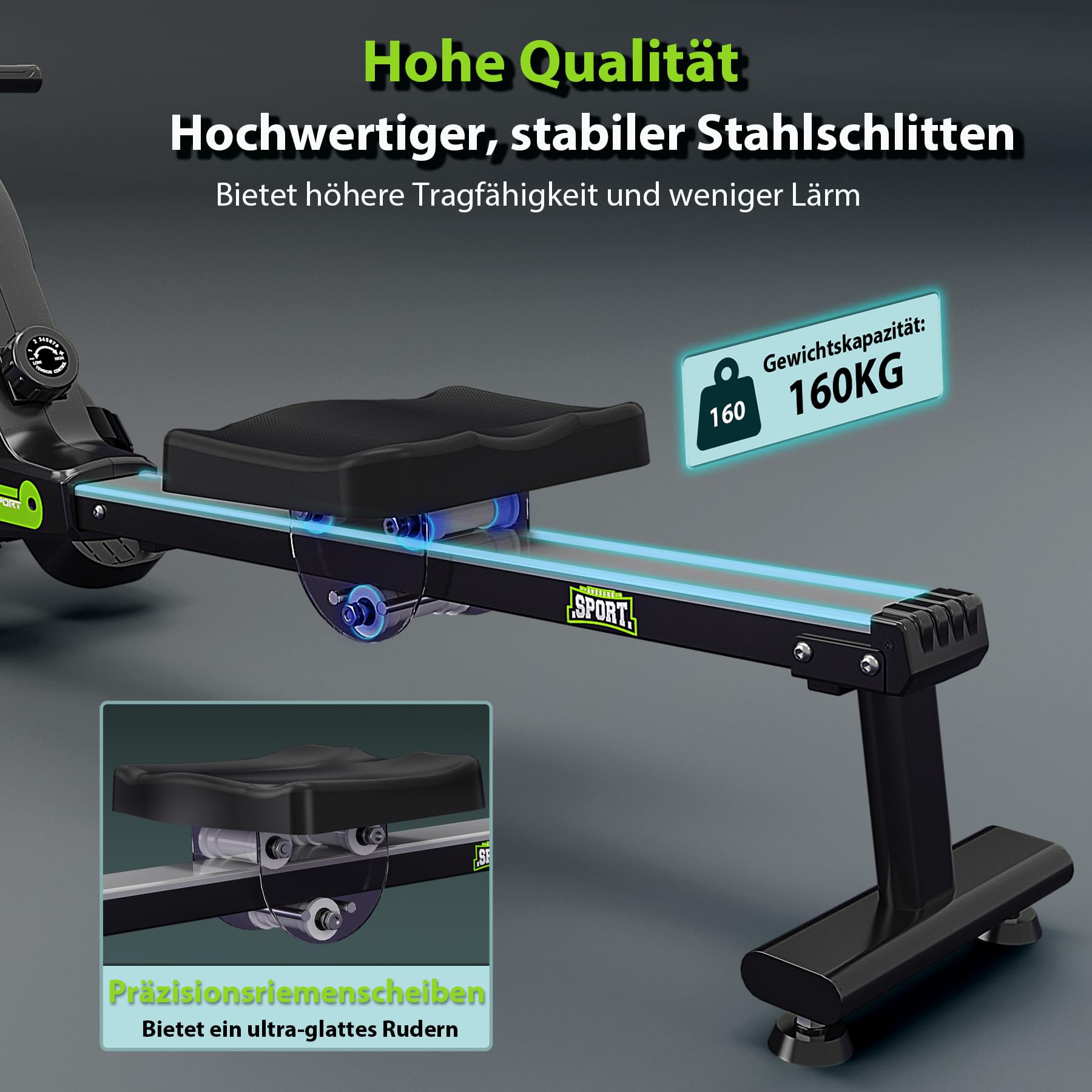 WENOKER Magnetisches Rudergerät für Zuhause: <30dB Leises Fitnessgerät für Wohnungen, hochkant gelagert & Platzsparend mit 160kg Tragkraft, App-Anbindung (Kinomap) & 16 Widerstandsstufen