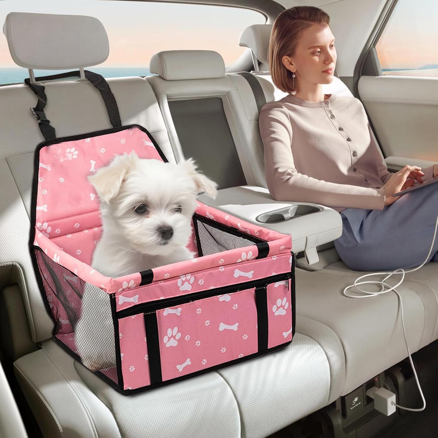 MEISO Siège Auto pour Chiens, Sac de Transport Chien et Chat avec Ceinture de Sécurité, Auto Chien avec Tige de Support de Nivellement, Pliable, pour Chiens adapté aux Animaux de Petite Moyenne (Rose)