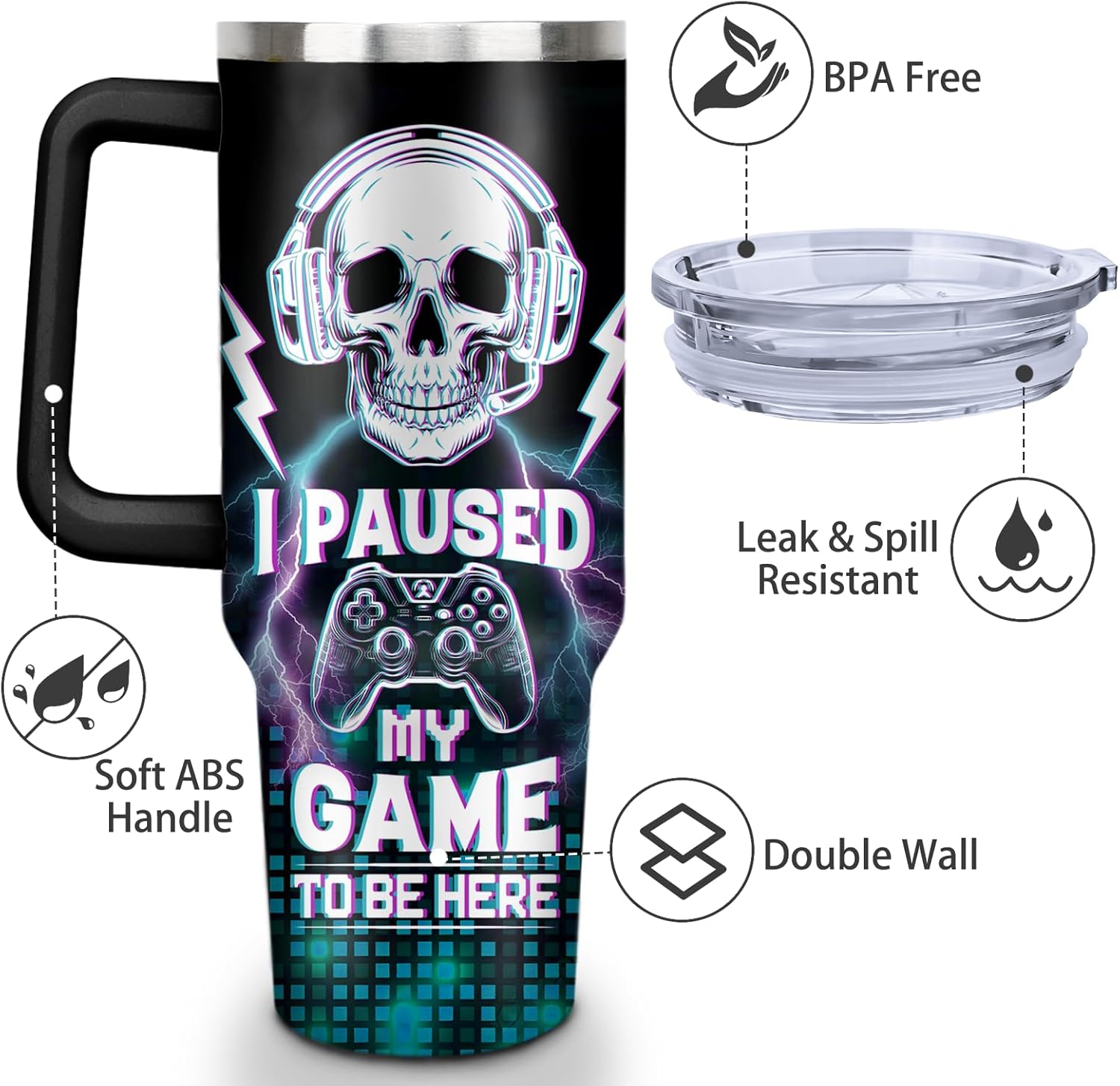 Game Tumbler with Lid and Straw, 40oz Gamer Water Bottle Cup with Handle, Gaming Travel Coffee Mugs, Birthday Gifts for Gamer Men Boys