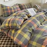DONUES Plaid Duvet Cover Set 100% Washed Cotton Linen Like Super Soft Comfy 3 Piece Reversible Multicolor Grid Checkered Duvet Cover with 2 Pillowcases(Queen 90"x90", Comforter Not Included)