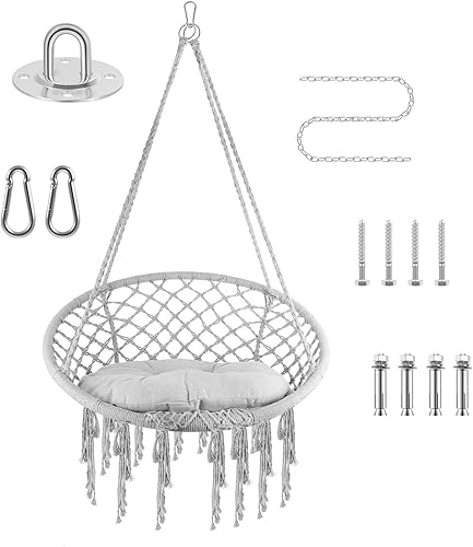 Miniatura 2 de 31.5 * 15.7in Hammock Chair Macrame Swing, 360lbs Max Capacity Bohemian Style Hammock Swing Chair with Tassels, Porch Swing Chair Handmade Knitted