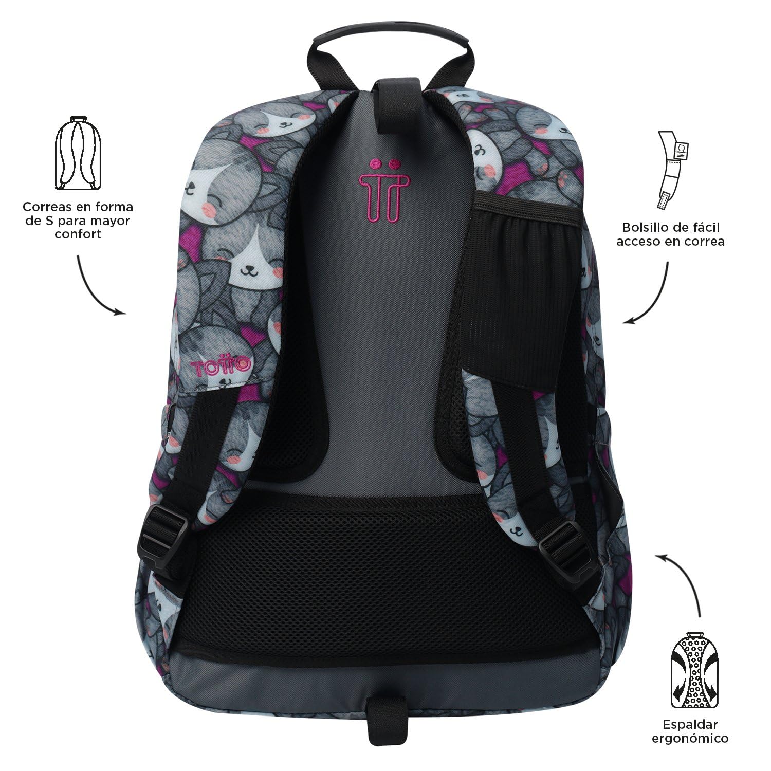 TOTTO - Mochila Escolar Adaptable a Carro, Modelo Acuareles, Capacidad 20 L, Bolsillo para Pc 14", 2 Bolsillo Botella, Espaldar Ergonómico con Flujo de Aire, Correas en S, Estampado Kitten Rose