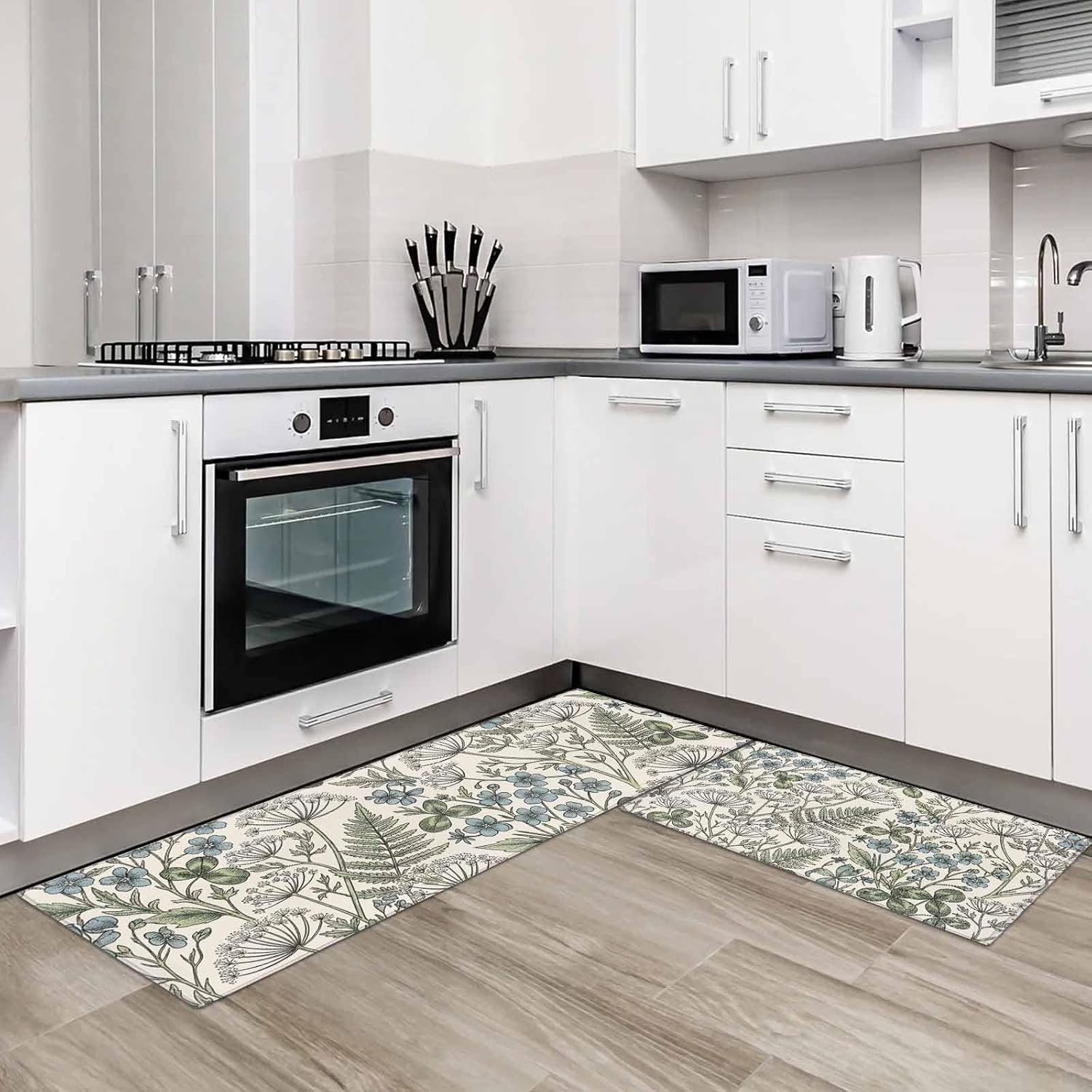 Kitchen Mats for Floor Rustic Retro Flower Leaves on Beige Washable Non Slip Kitchen Rugs 2PCS, Watercolor Herbs Plant Absorbent Standing Mats for Sink Office Living Room 15.7x23.6in+15.7x47.2in