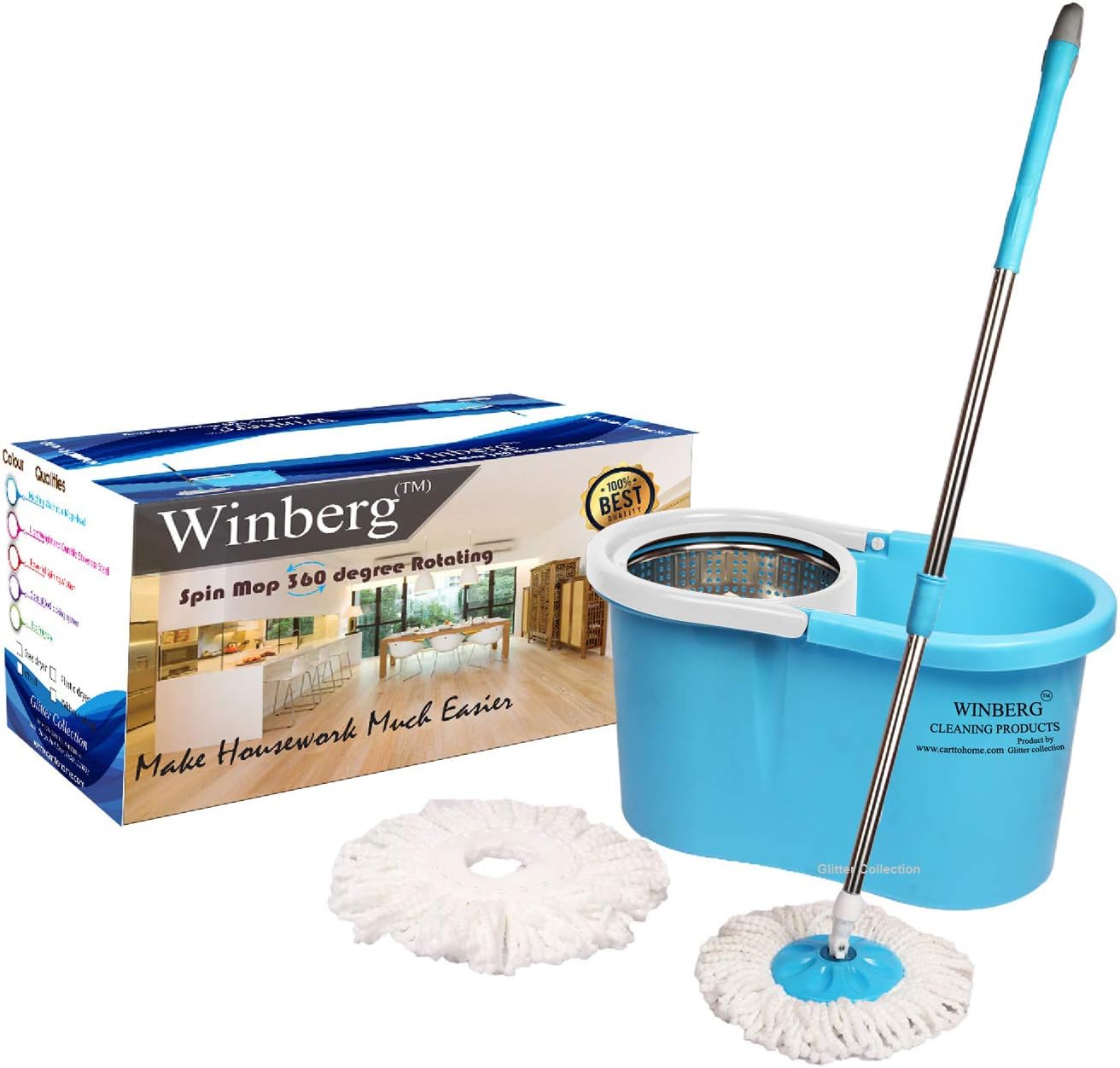 Winberg Stainless Steel Bucket Dryer 360° Rotating Pole and Magic Mop with 2 Refill