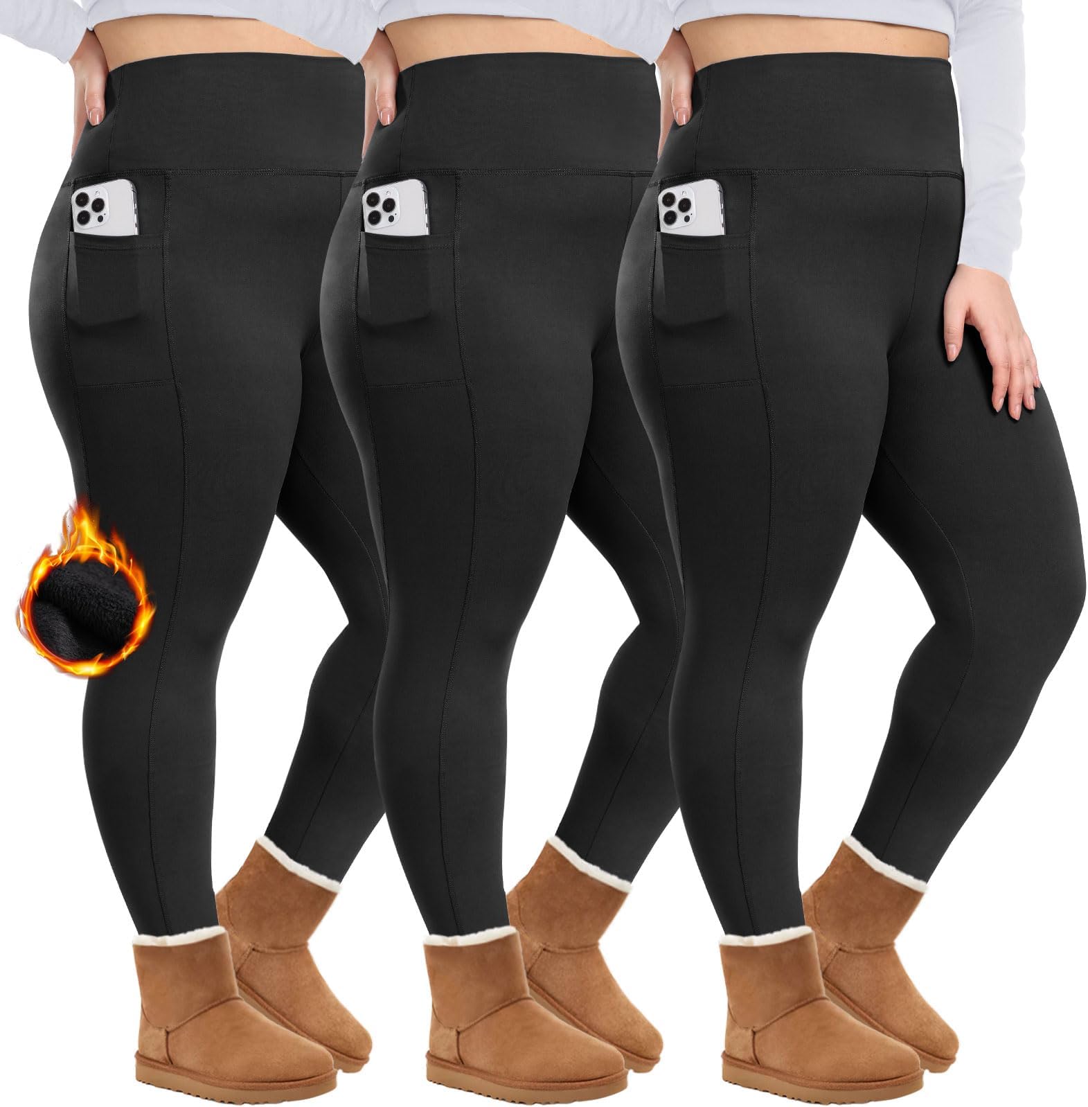 HLTPRO1/3 Pack Plus Size Fleece Lined Leggings with Pockets for Women - Black Thermal Warm High Waist Yoga Pants for Workout