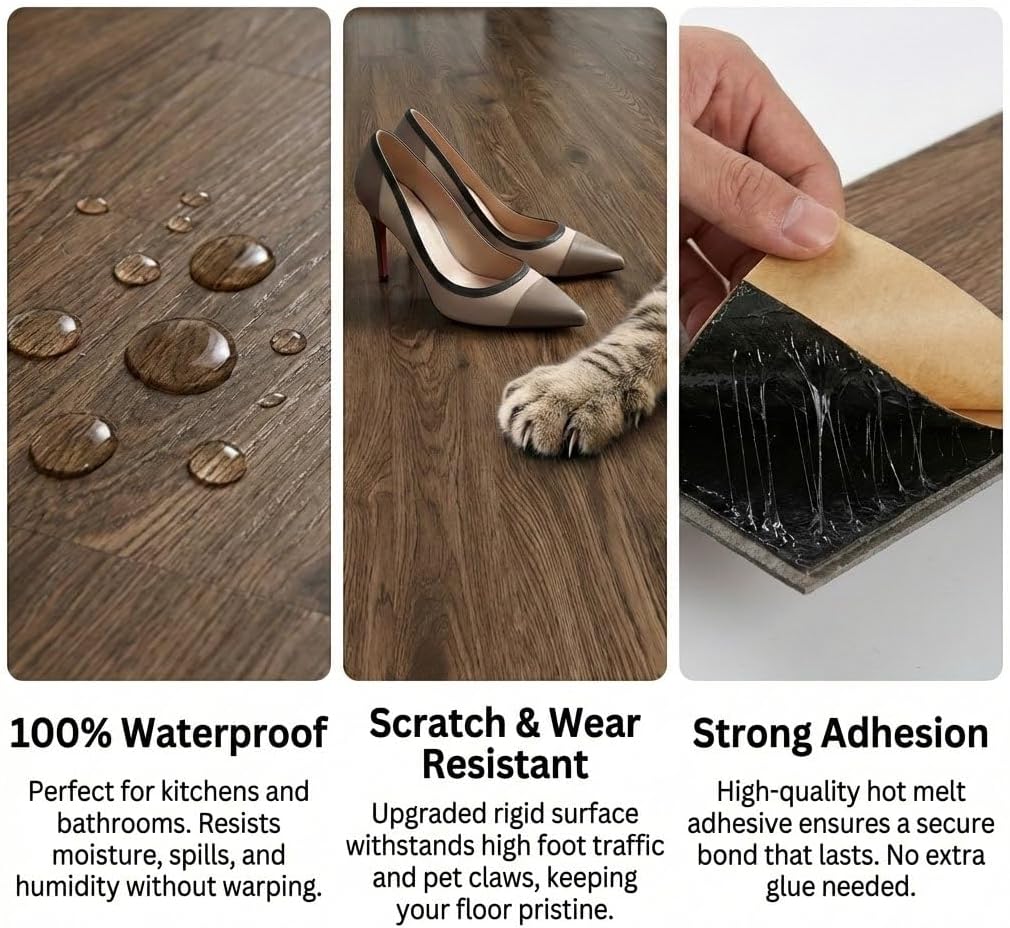 36 Pack Self-Adhesive Floor Sticker Thicken 54 Sq.Ft Wood Grain Floor Wallpaper 3D Wall Sticker Waterproof Vinyl Flooring for Bedroom, Kitchen, RV, Office (Brown, 36 * 6in （36Packs）)