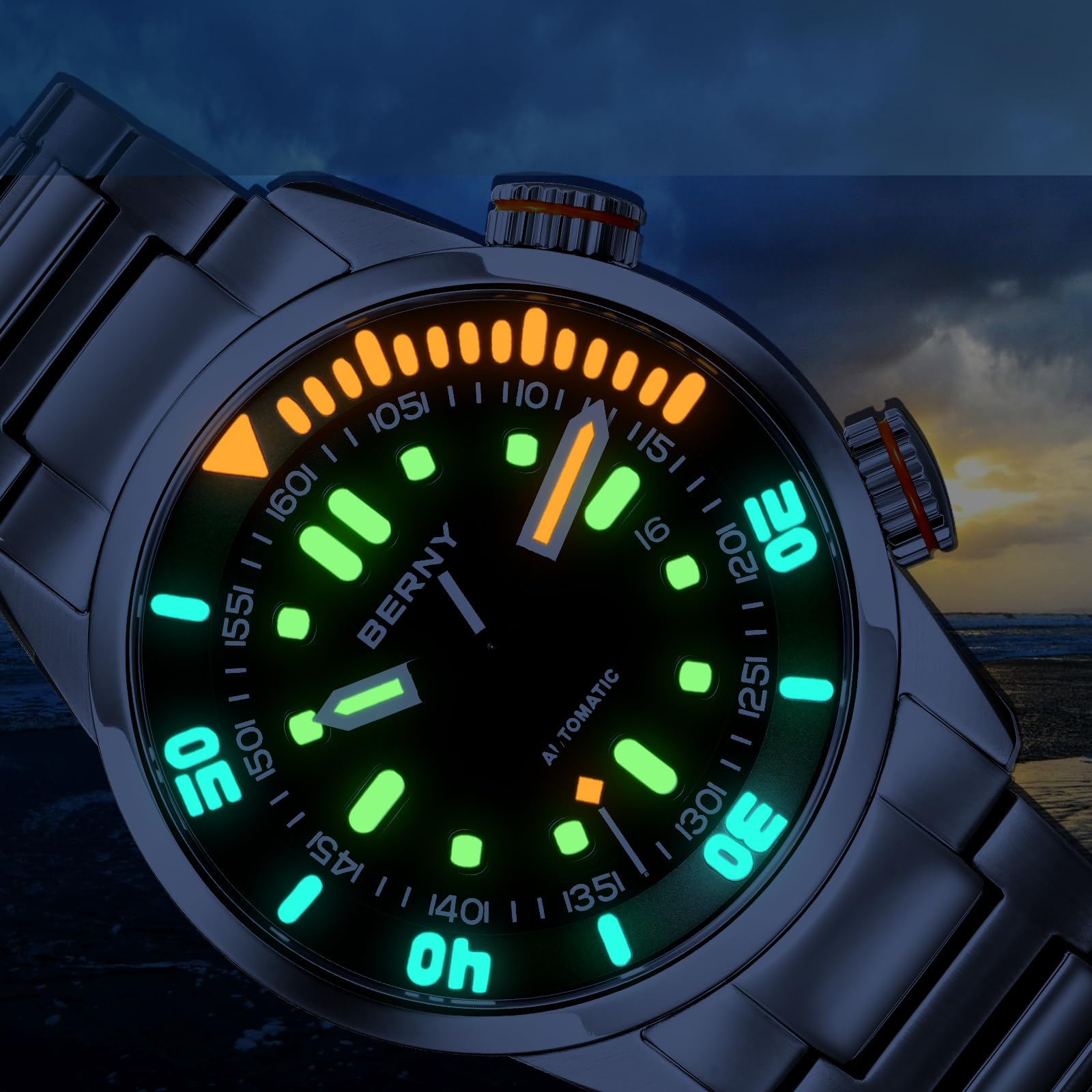 BERNY Automatikuhr für Männer 200M Taucheruhr Armbanduhr Saphirglas Langlebiges Edelstahlband Super Leuchtend Herrenuhren
