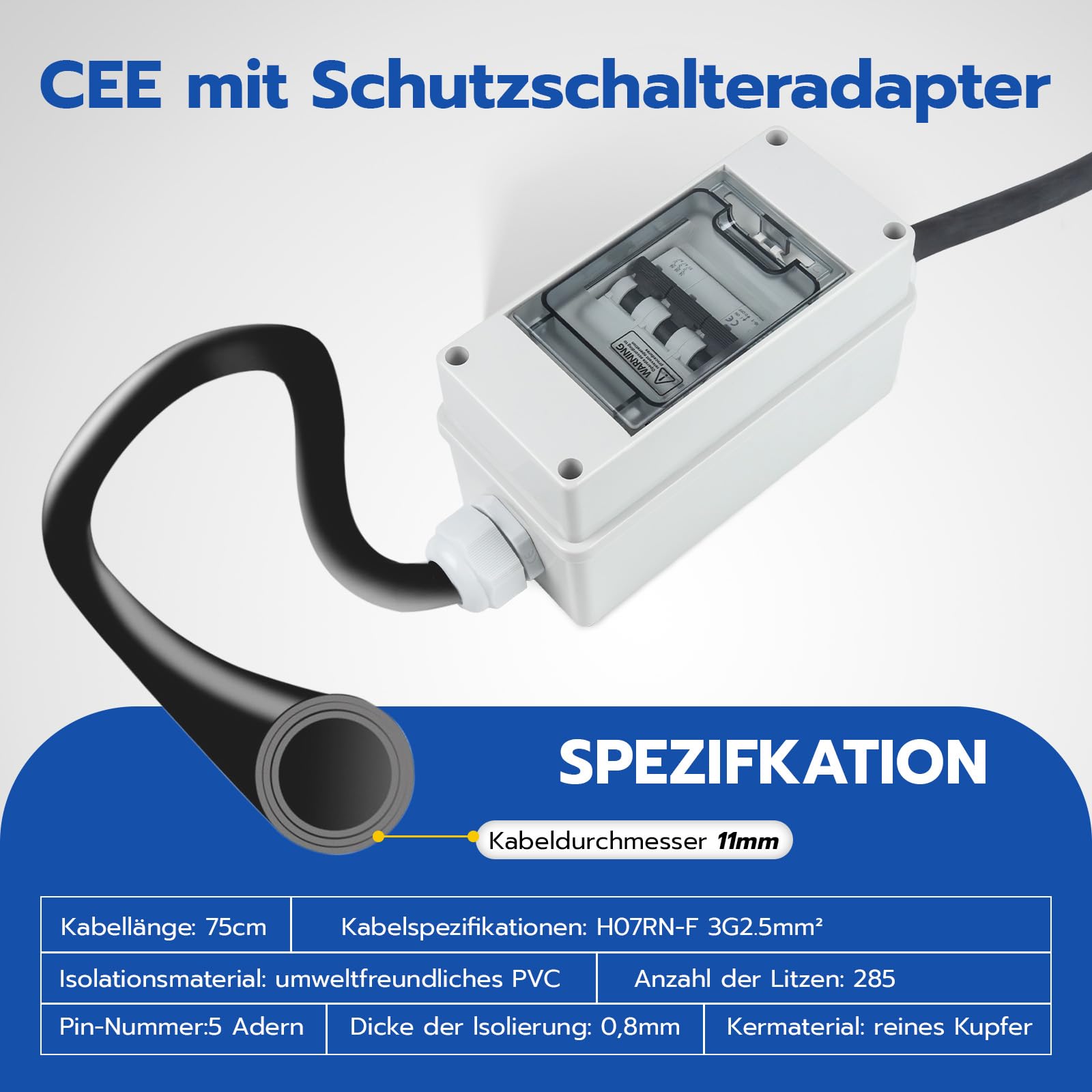 adattatore CEE da 32 A a 16 A, 230 V con interruttore di protezione, IP44, connettore e accoppiatore a 5 pin con cavo di prolunga CEE da 2,5 mm²