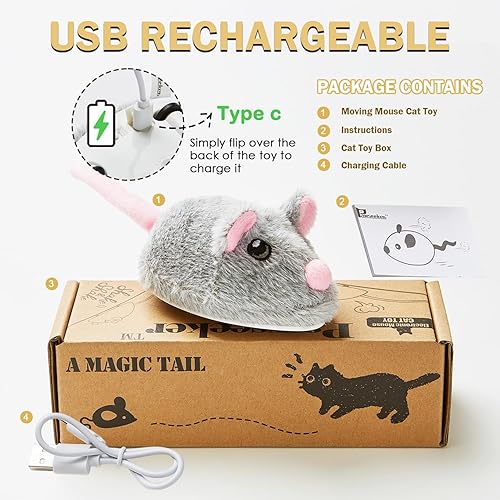 Miniatura 6 de Pawsayes Cat Toys - Ratón móvil recargable chirriante con cola mágica dinámica, mouse de juego automático interactivo para gatos de interior,
