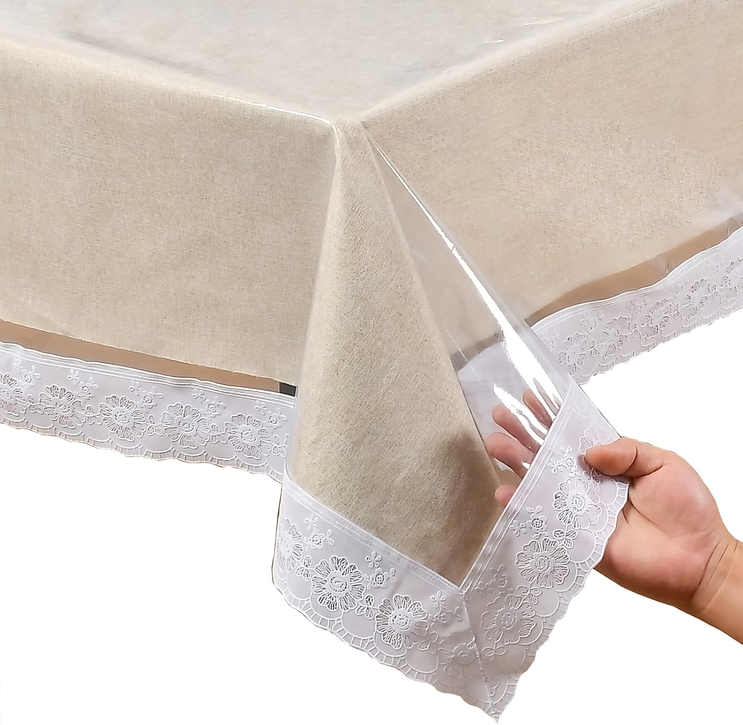 Transparent Vinyl Tablecloth with White lace Edges, Waterproof and dustproof, Suitable for Rectangular Dining Tables in Kitchens (Transparent White lace, 60x104in)