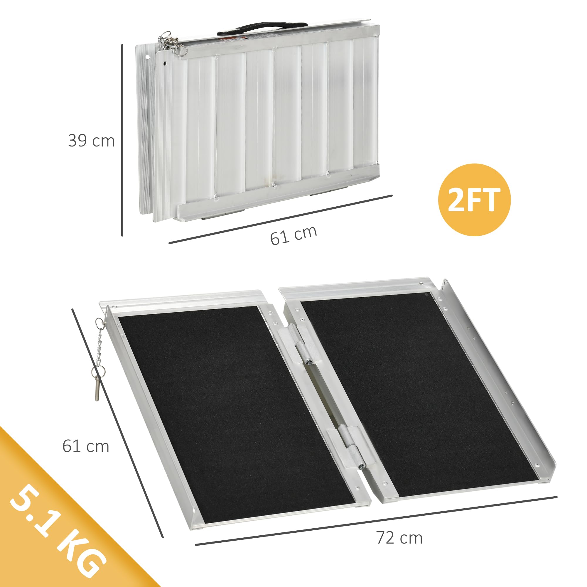 HOMCOM Rampa per Sedia a Rotelle Pieghevole con Guide Laterali e Design Doppio, Rampa per Disabili in Lega di Alluminio, 61x72 cm, Argento e Nero