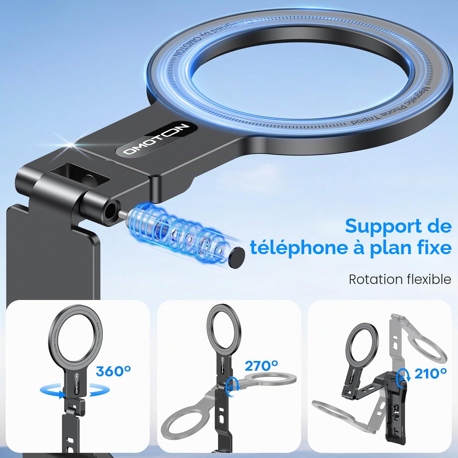 OMOTON TP03 Rotation à 360° pour trépied MagSafe, trépied magnétique ultrafin de 12mm avec vis et Crochet 1/4", pour iPhone 17/16/15 Pro Max, Support de téléphone pour vlog, Salle de Sport, Voyage