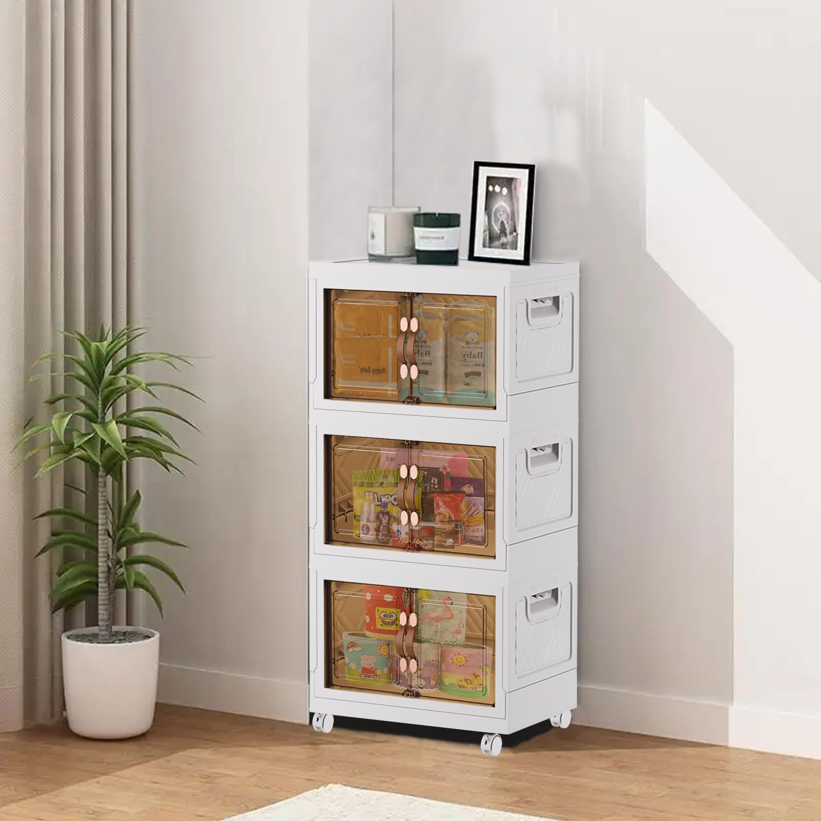 Contenedores de almacenamiento apilables de 3 x 34 L con ruedas, contenedores plegables para ropa y libros, plástico blanco, diseño de 3 cajones, solución de ahorro de espacio