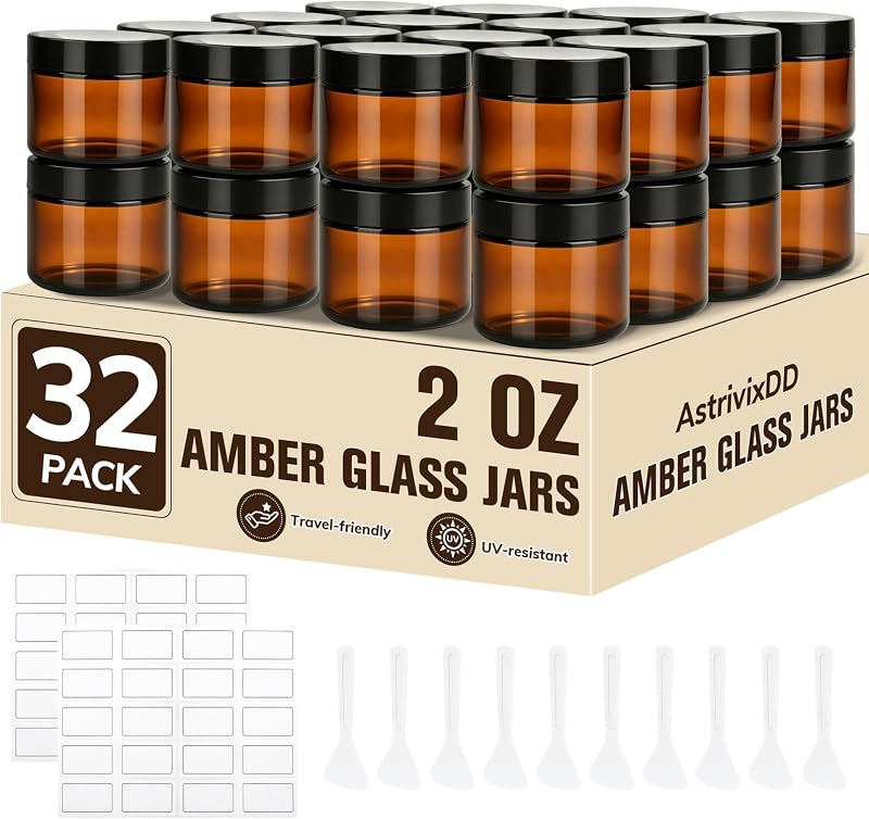 AstrivixDD Conjunto com 32 frascos de vidro âmbar de 60 mL com tampas, etiquetas e espátulas